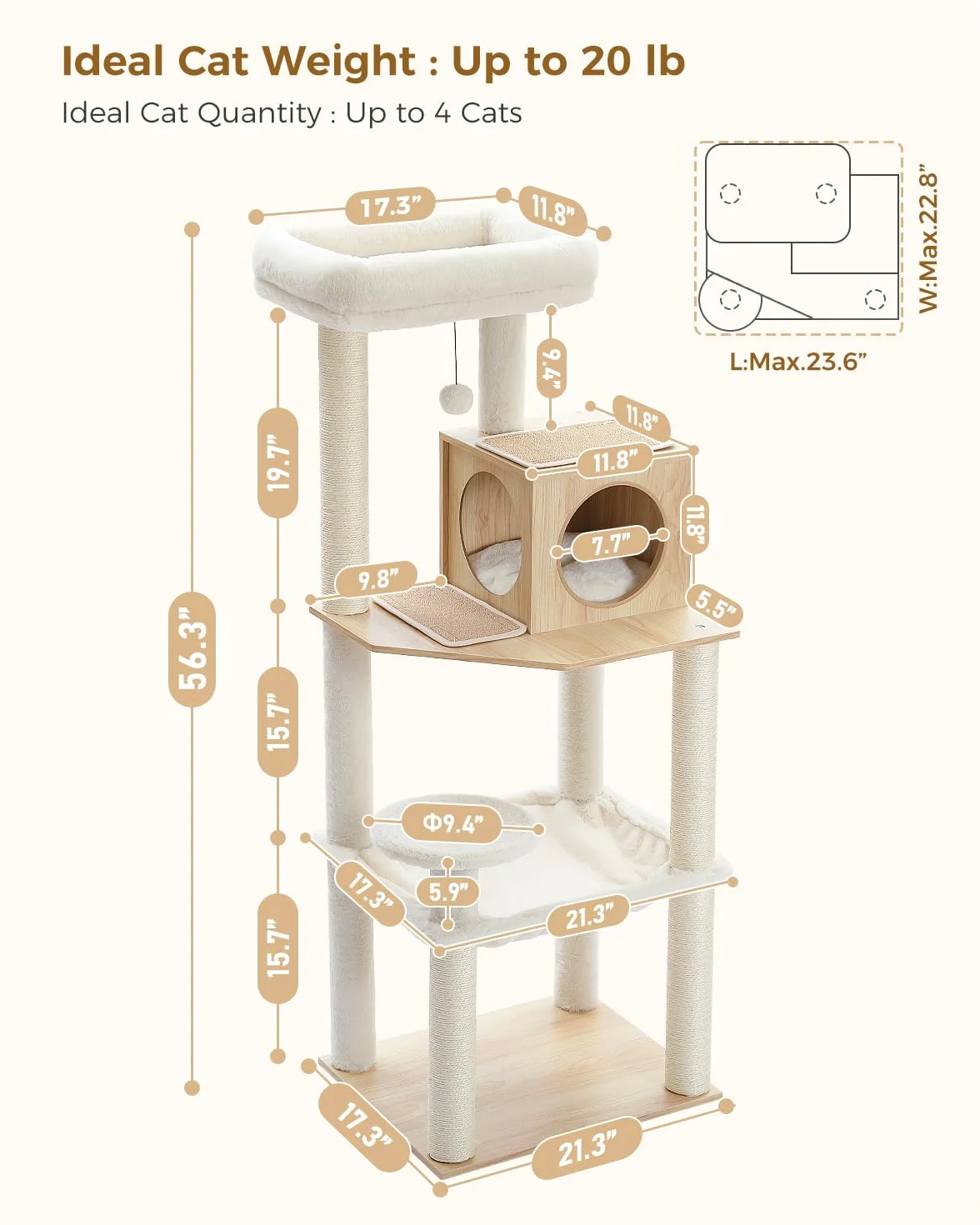 PETEPELA Árbol rascador de madera para gatos, 143 cm, moderno árbol rascador para gatos con hamaca más grande, cama superior con cuerda de sisal, columna beige