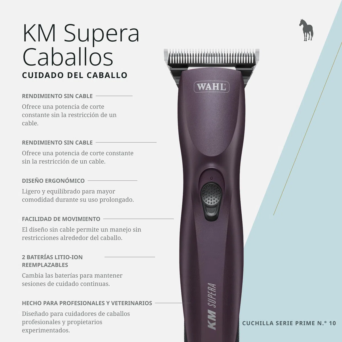 Wahl KM Supera, Cortapelos Inalámbrico para Caballos, Silencioso | Cortapelos Inalámbrico para Caballos, 2 Baterías Intercambiables, 3000 y 3700 RPM, Silencioso 68 dB, Cuchilla Ancha #10W