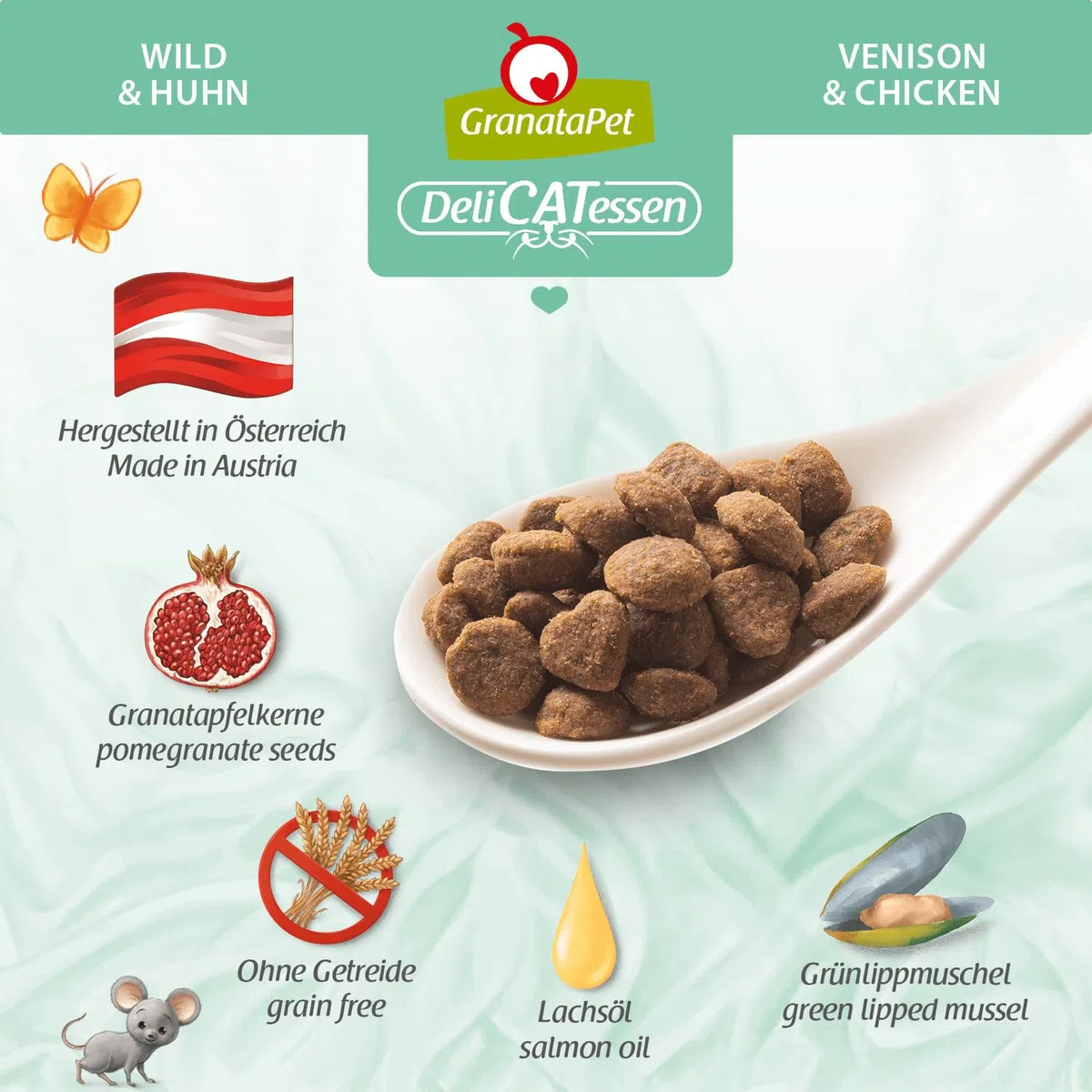 GranataPet Delicatessen Wild & Huhn Adult, alimento seco para Gatos, Sabroso alimento para Gatos, alimento Completo sin Cereales y sin azúcares, 9 kg | Pienso completo, sin cereales, sin azúcar, taurina, aceite de salmón y mejillón de labios verdes, fabri
