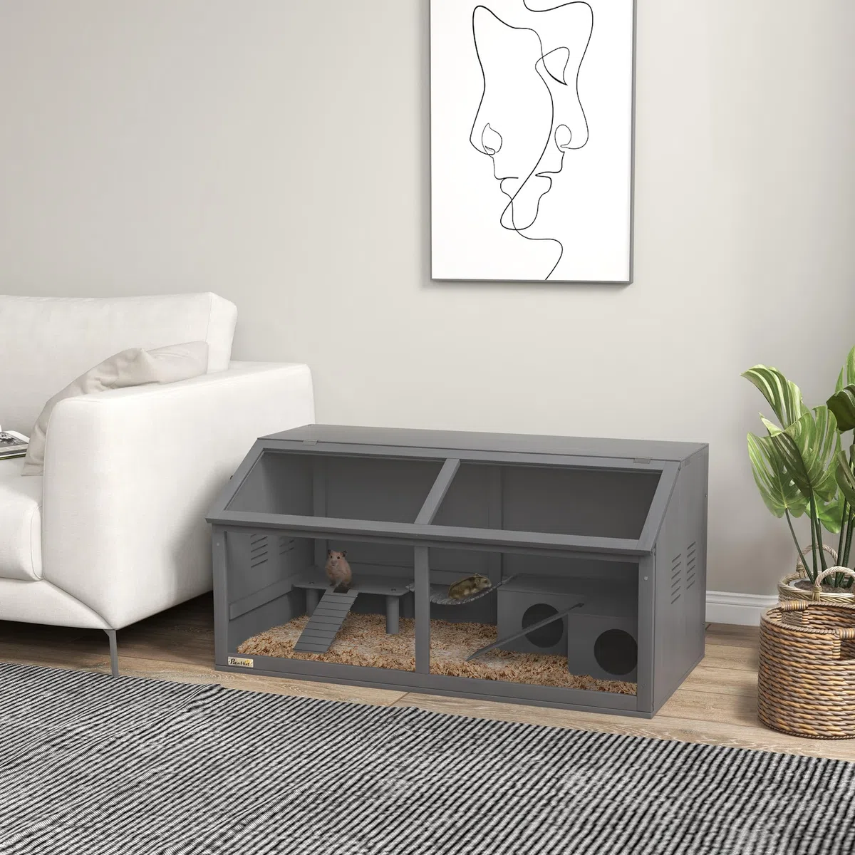 Jaula de Madera para hámster PawHut, caseta para roedores de 100 cm, casita para Animales pequeños, casita de Juegos con Puente Colgante, escaleras, Techo practicable, caseta, Gris Oscuro