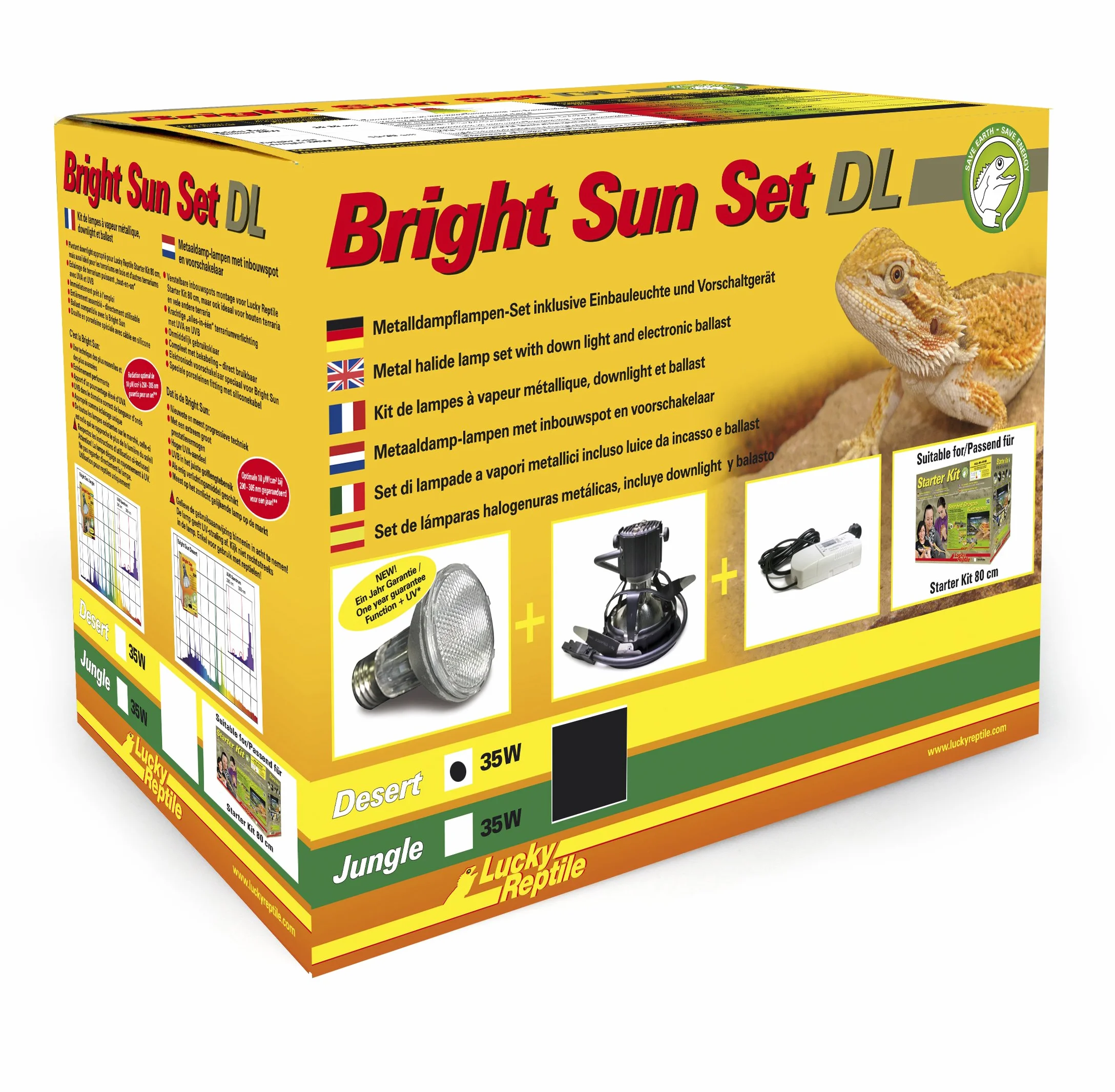 Lucky Reptile Bright Sun Set DL Desert - 35 W lámpara de halogenuros metálicos, lámpara empotrada y balasto Incluido - lámpara para réptiles con Espectro de luz de día - Set UV Color Negro