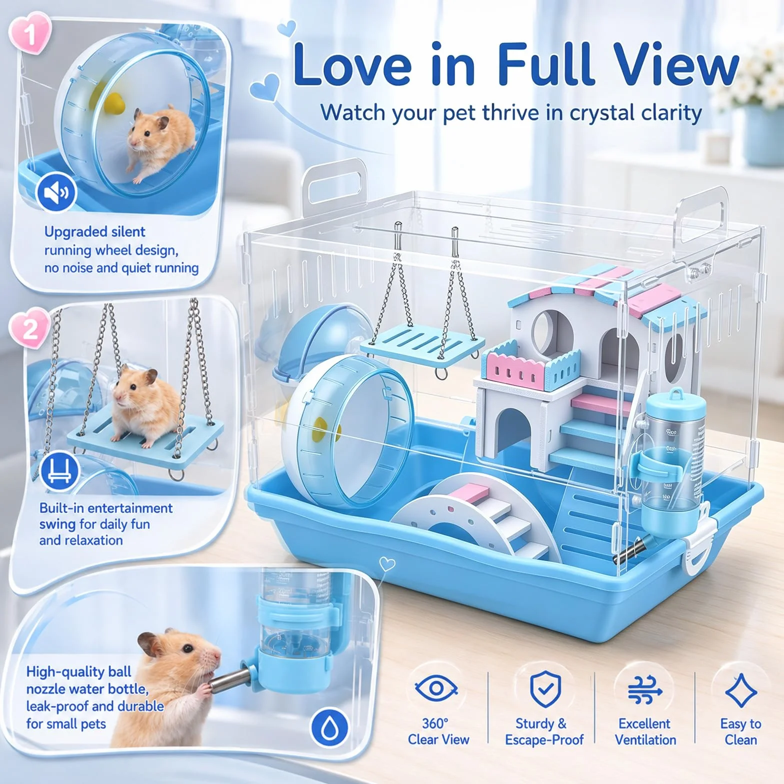 Jaula acrílica para animales pequeños, 2 niveles, con accesorios completos, casa para hámsteres, moderna casa de hámster con puerta ancha y diseño transparente, 37 x 33 x 28 cm para hámsters, ratones