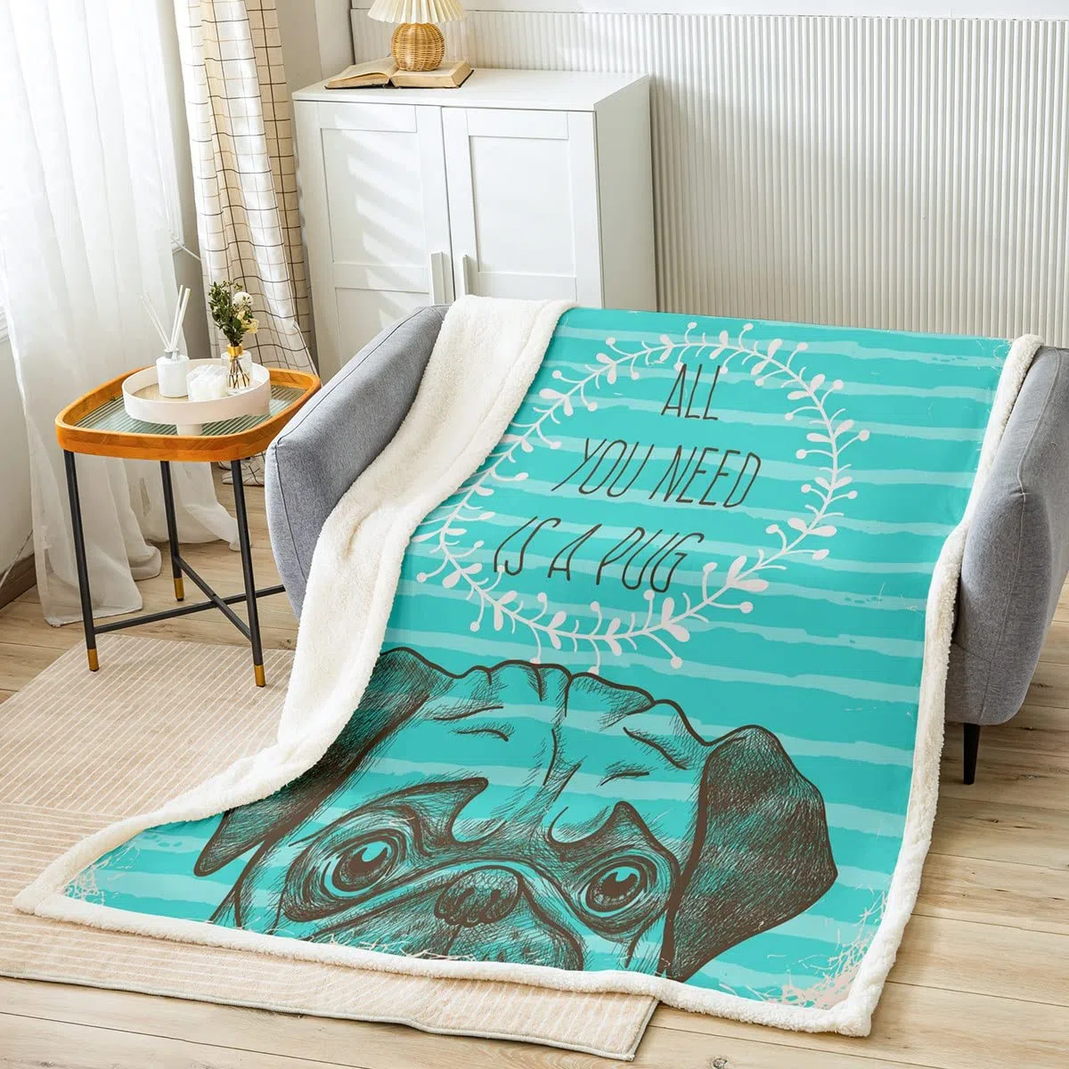 Manta de peluche para perros y niñas, para niños, niñas, de dibujos animados, para mascotas, pug y cachorros, manta difusa, para sofá cama, azul rey 87 x 94 pulgadas