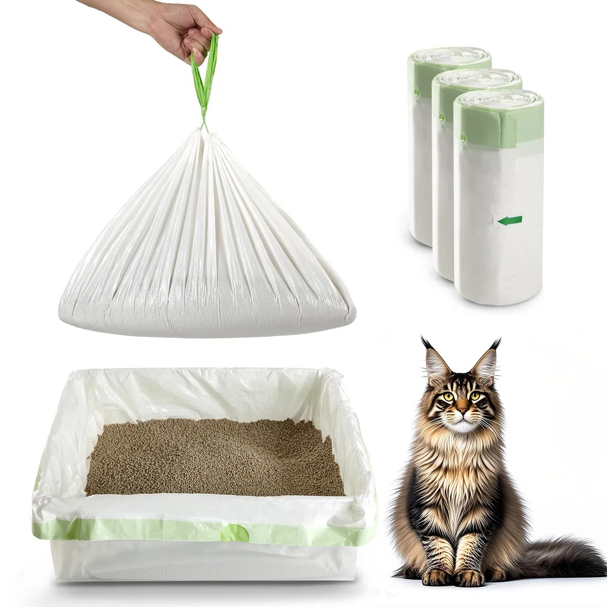 Bolsas de basura para gatos con asas de corbata, grandes, 37 x 17 pulgadas, cordón extra duradero, para caja de arena para gatos, bolsa de arena extragruesa, 36 unidades (paquete de 3)
