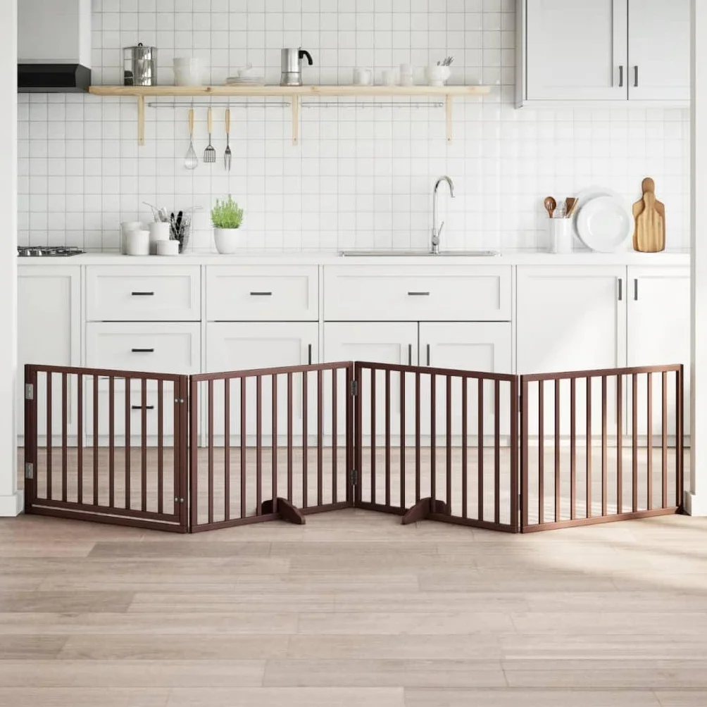 Rejilla para perros con puerta plegable marrón madera de álamo 320 cm, 4 paneles, plegable, protección de seguridad, ideal para perros, cachorros, entrenamiento, interior y exterior