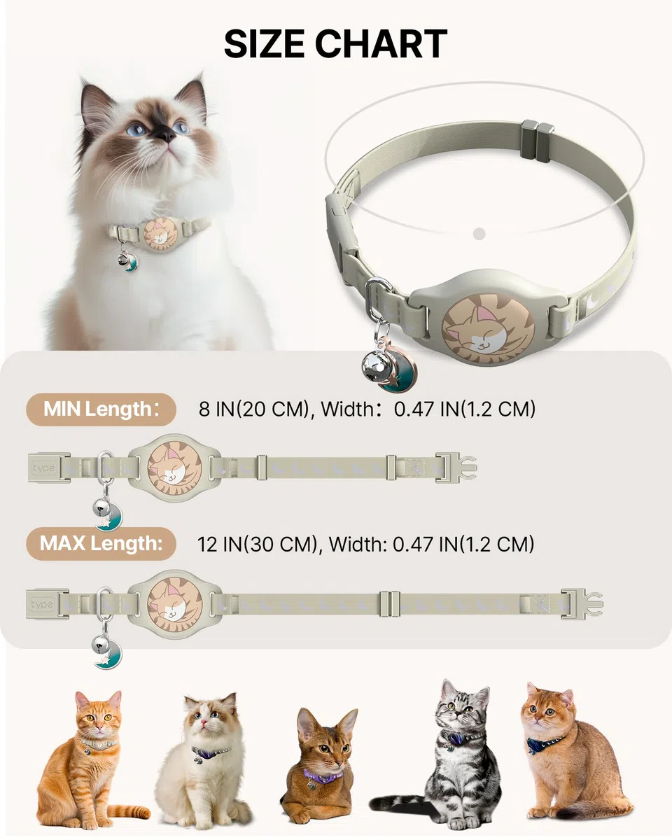 Collar de gato con soporte para Airtag, collar de gato Breakaway Airtag para Apple Air Tag con patrón luminoso y reflectante, collares GPS impermeables para niños y niñas, gatos con campana, caqui