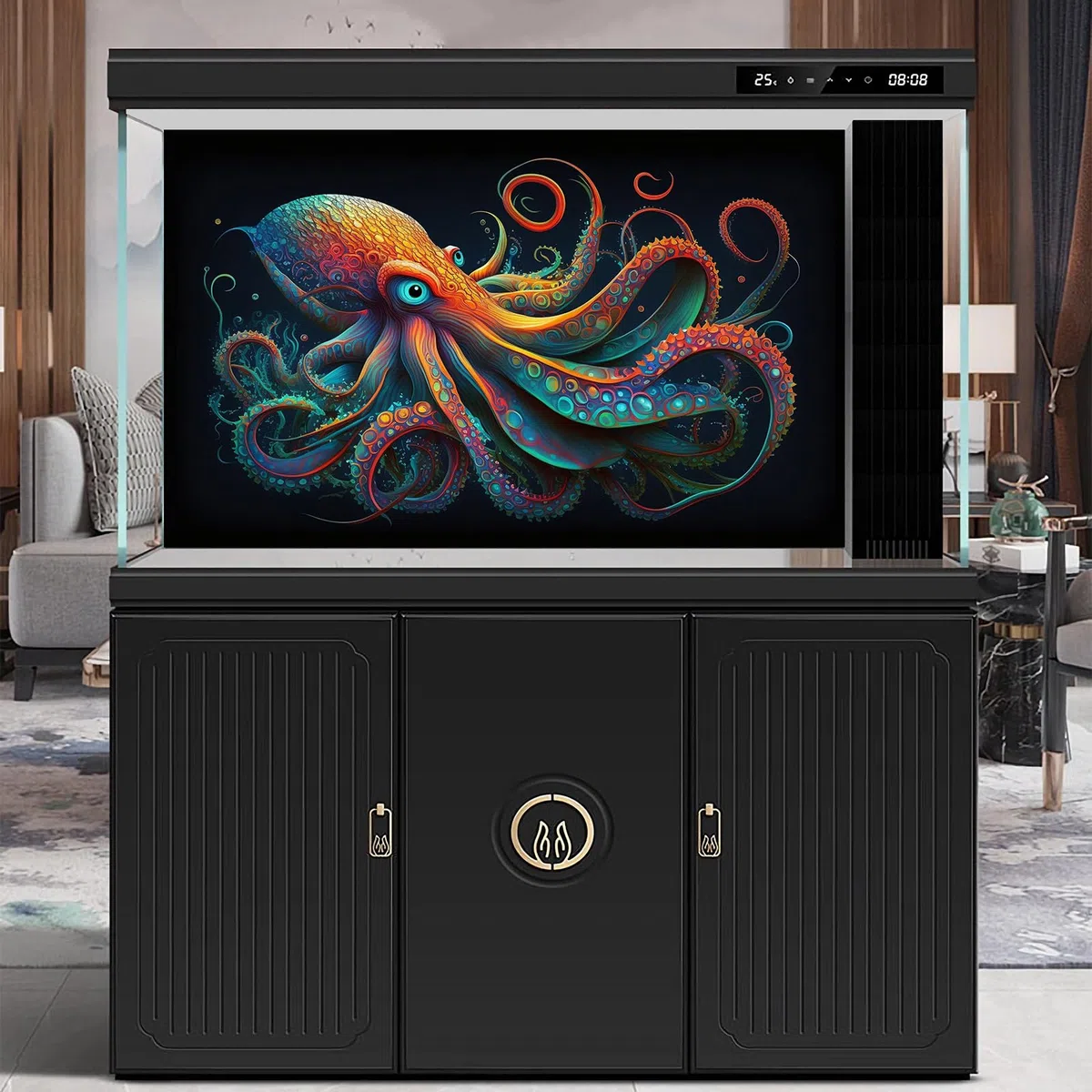Fondo abstracto de acuario de pulpo, fondo de terrario de pulpo, pulpo brillante en fondo negro, fondo de pecera, póster decorativo de vinilo, 76 x 30 cm