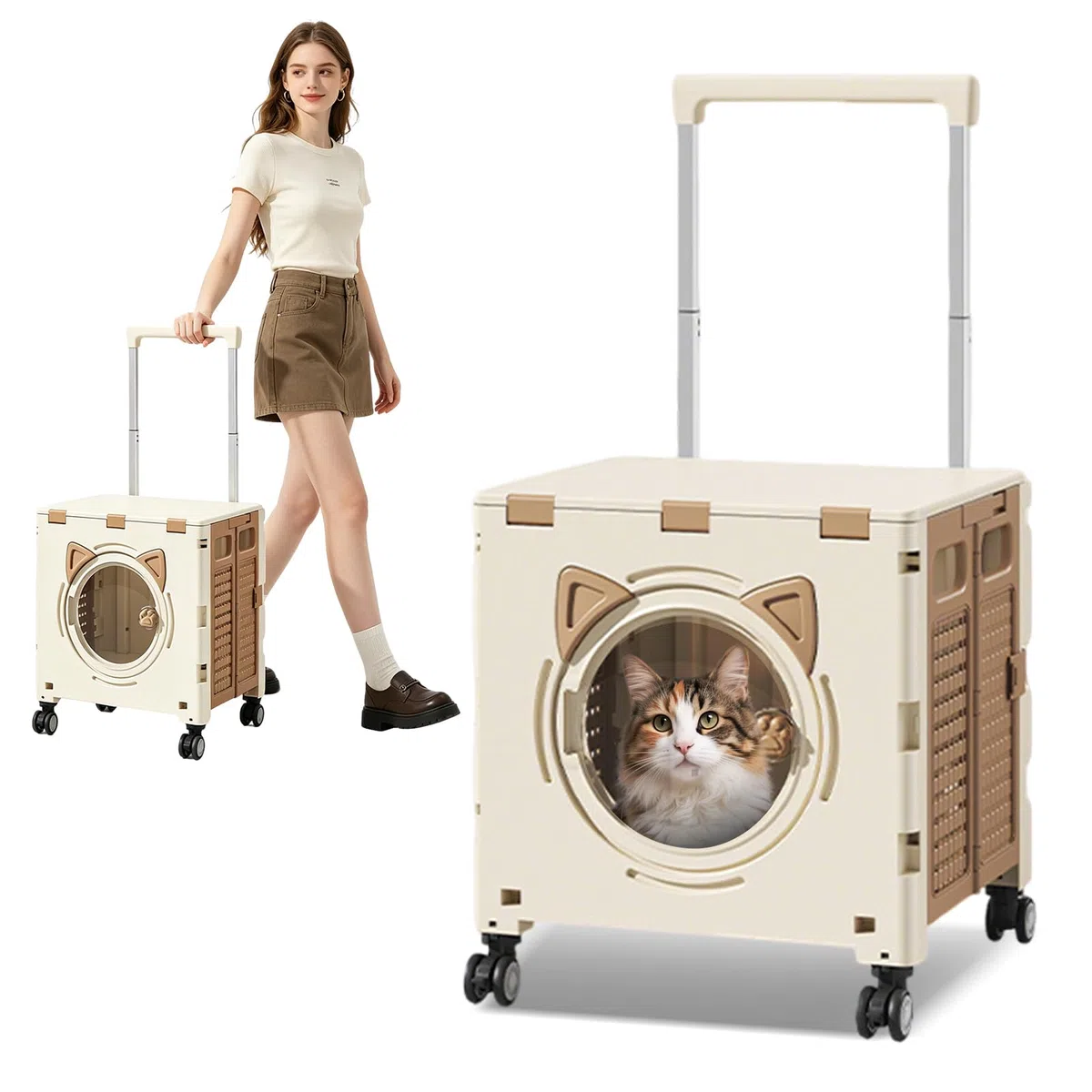 PETCUTE Bolsa de Viaje para Perros,Transportín para Gatos con Ruedas,Transportín Multiusos para Mascotas para Perros y Gatos Pequeños con Asa Telescópica,para Viajes, Senderismo,Paseos,Caqui