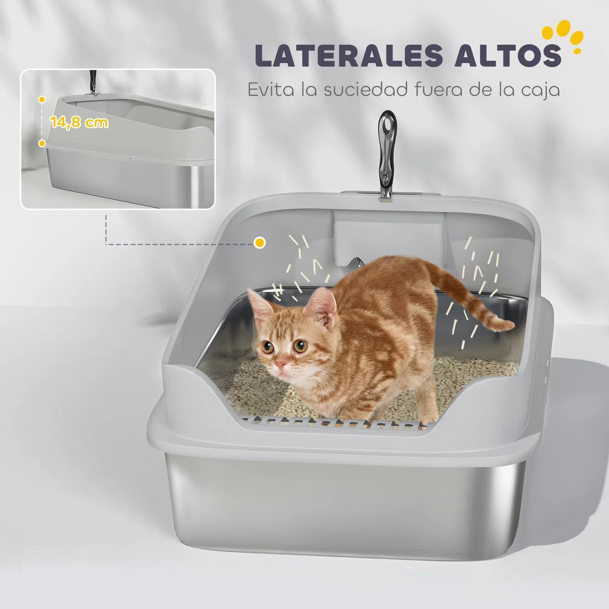 PawHut Arenero para Gatos de Acero Inoxidable XXL 69,8x50,3x29,8 cm Gris | Caja de Arena para Gatos, Arenero con Borde Alto, Pala Metálica, Fácil de Limpiar, Prueba de Fugas