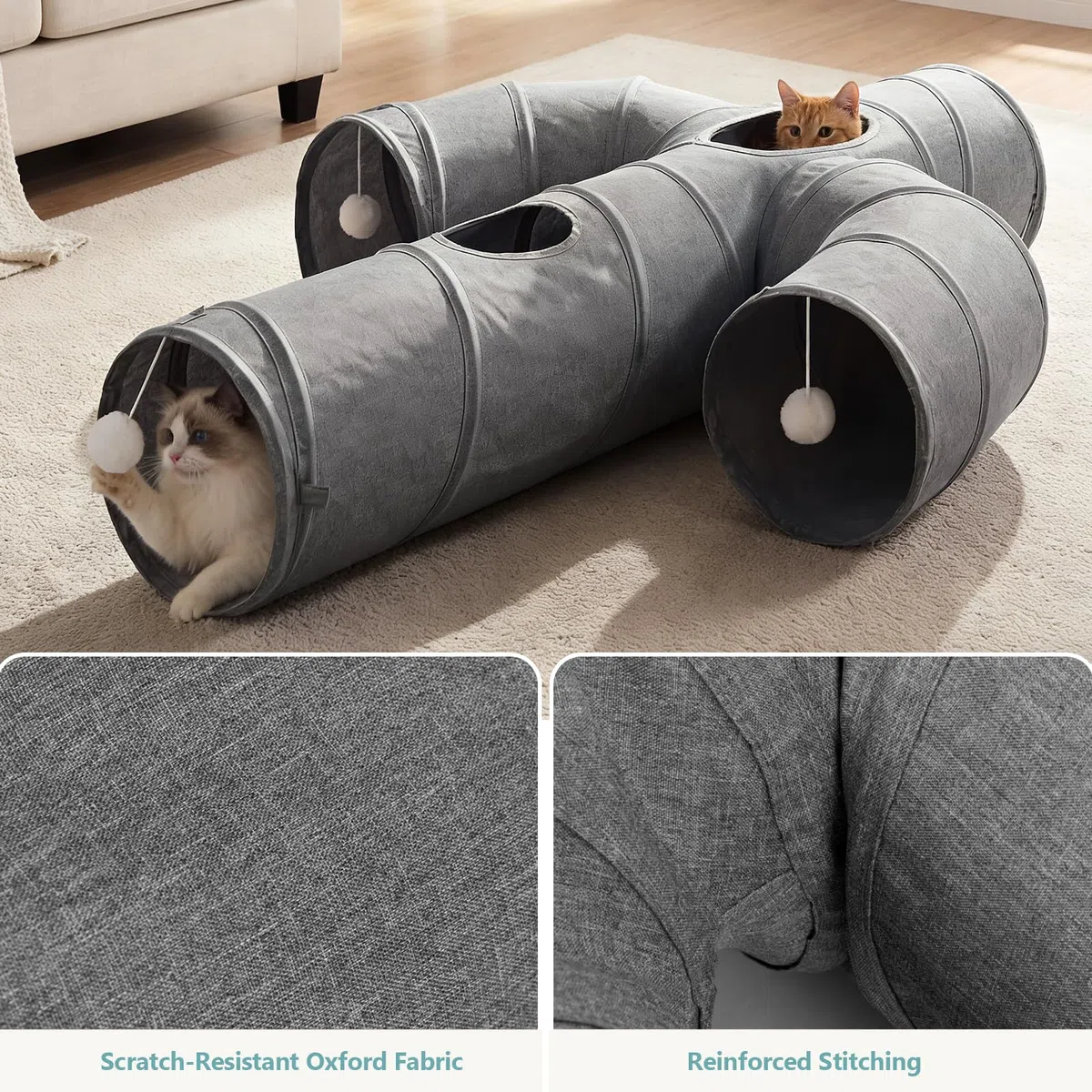 Ownpets Túnel para gatos, túnel para mascotas con forma de cactus más grande con tela Oxford resistente, plegable y resistente a desgarros, con múltiples salidas, bola colgante y varita teaser, gris,