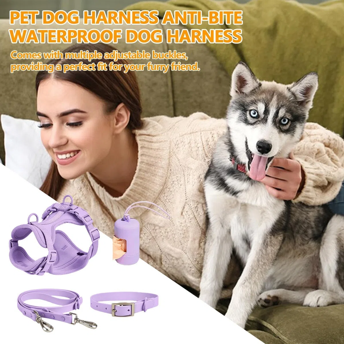 Juego de correas para perros | Juego de arnés para perros | Juego de correas para perros sin tirones con hebillas ajustables para cachorros con soporte para bolsas de excrementos