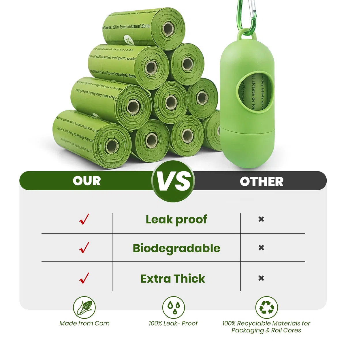 Bolsas biodegradables para excrementos, 1050 unidades, 70 rollos con dispensadores gratuitos, bolsas para excrementos de perros hechas de almidón de maíz, fuertes y 100% a prueba de fugas (verde)
