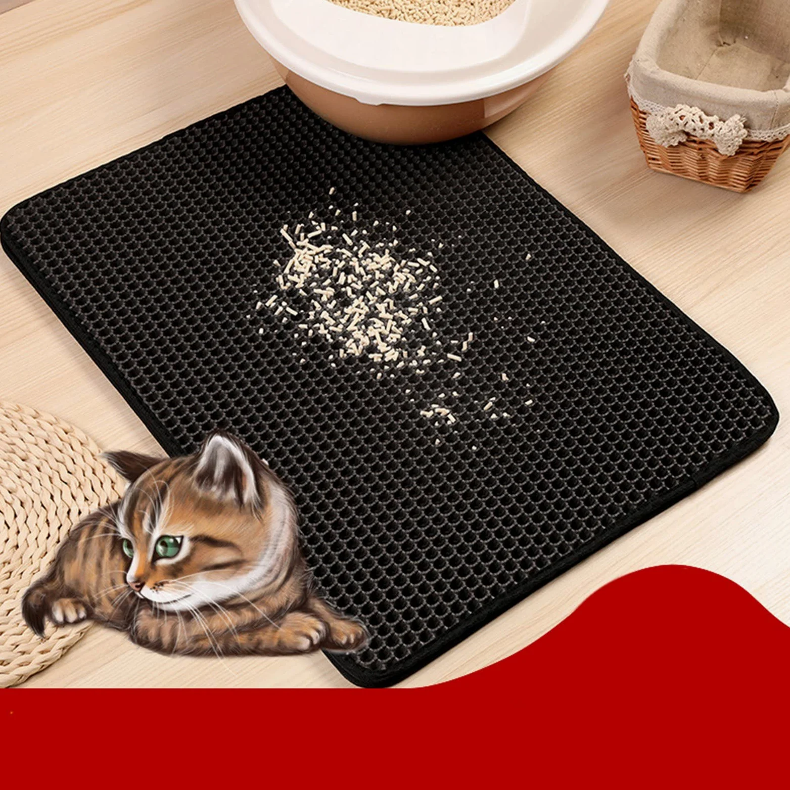 KIMISS Estera para Atrapar para Gatos, Doble Capa, Impermeable, Antideslizante, Fácil de Limpiar, Estera para Residuos de Gatito para Alimentación de Mascotas (BLACK)