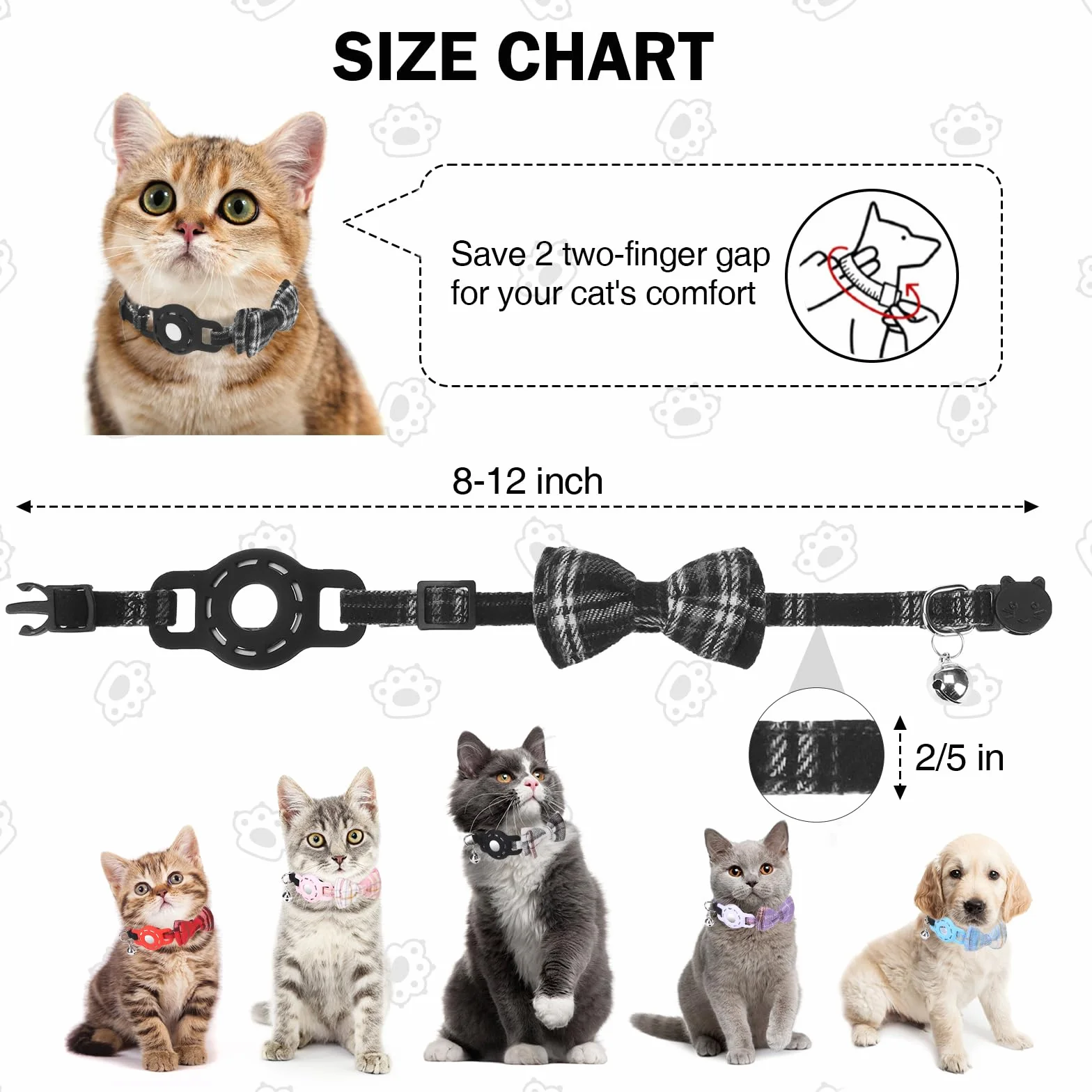 Collar de gato Airtag con campanas y pajarita, bonita banda elástica de seguridad ajustable, collares para mascotas con soporte impermeable para Airtag, collares de gato con rastreador GPS