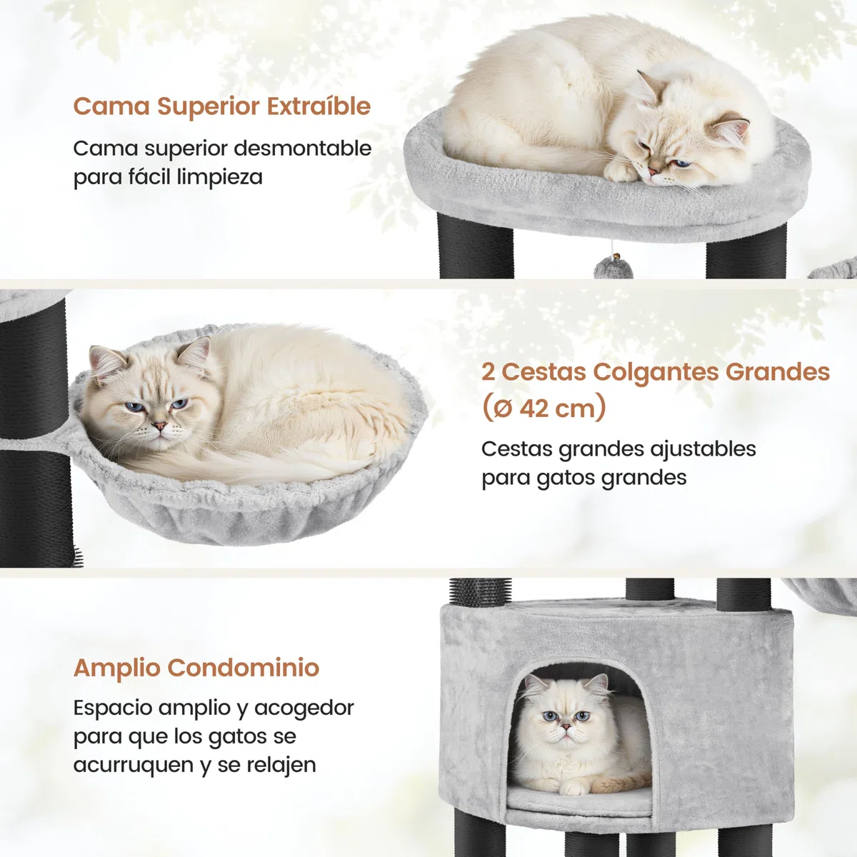 Árbol para Gatos Multinivel Torre Rascadora para Gatos con Postes Rascadores Gruesos 2 Cepillos Rodillos Percas Condominio Cestas Bola Colgante para Gatos Grandes Gris Claro/Negro