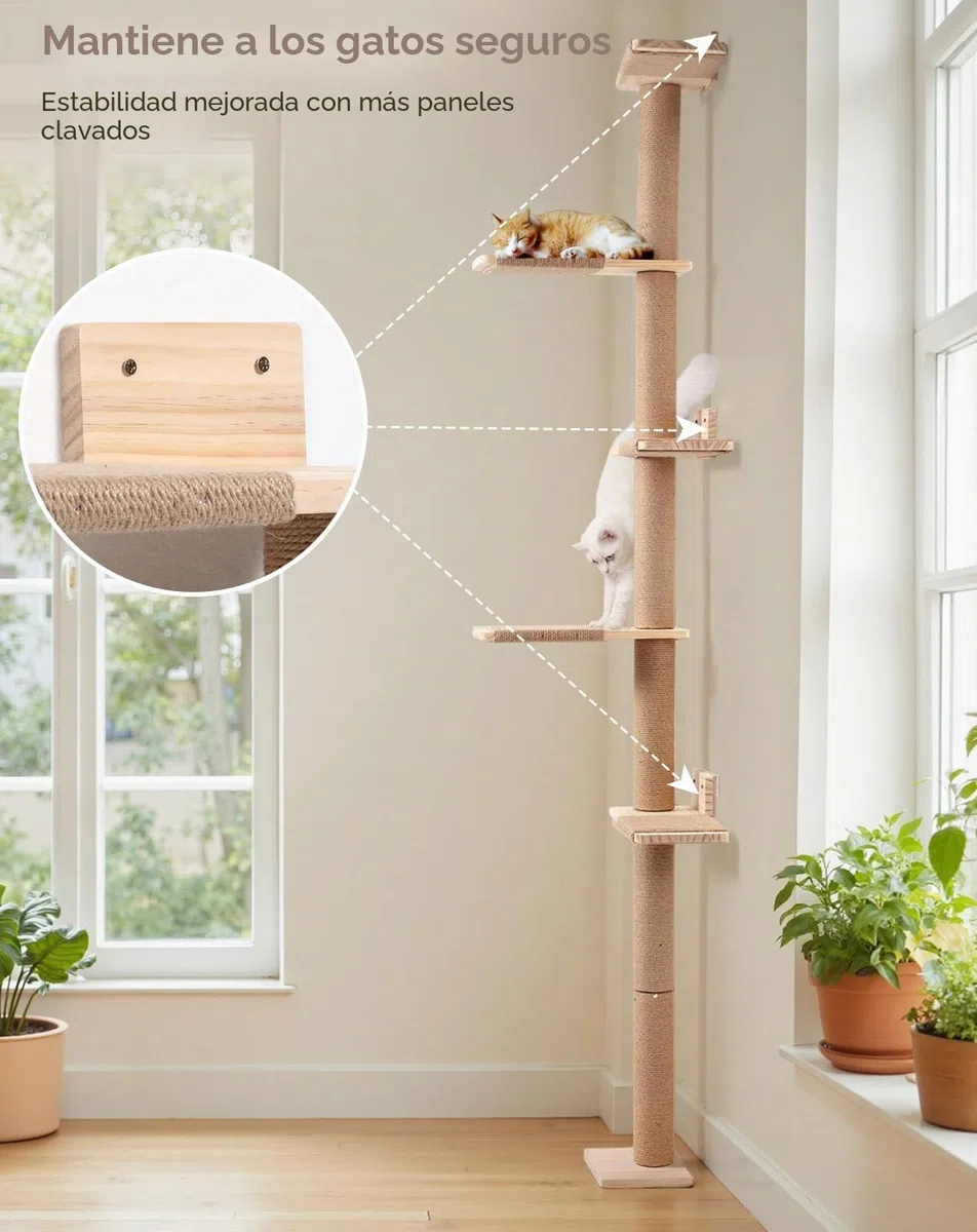 PawGiant Rascador de Pared para Gatos de 5 Niveles (213 cm), Árbol Torre de Escalada de Madera con Postes de Sisal y Plataformas, Mueble Vertical Ahorro de Espacio para Gatos Pequeños y Medianos