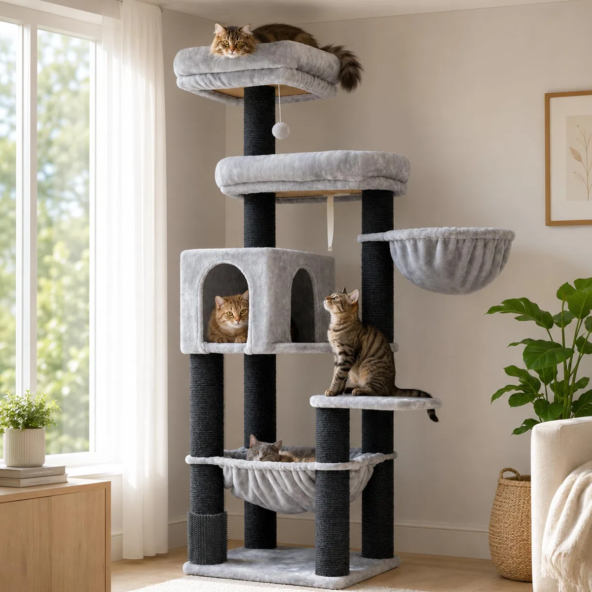 Hey-brother Rascador para Gatos, Poste Sisal 11 cm Grosor, Hamaca, MPJ01W | 168cm Árbol Rascador Para Gatos, con 2 Plataforma, Cesta, Cueva, Cepillo para Mascotas, para Gato de Interior, Gris Claro