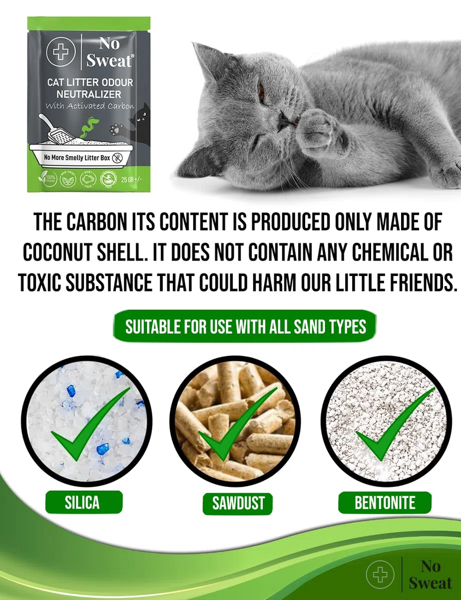 No Sweat Neutralizador de olores de carbón activado para gatos, hecho de cáscara de coco, todo natural, sin productos químicos, ingredientes tóxicos, sin perfume, apto para el planeta, desechable, 5