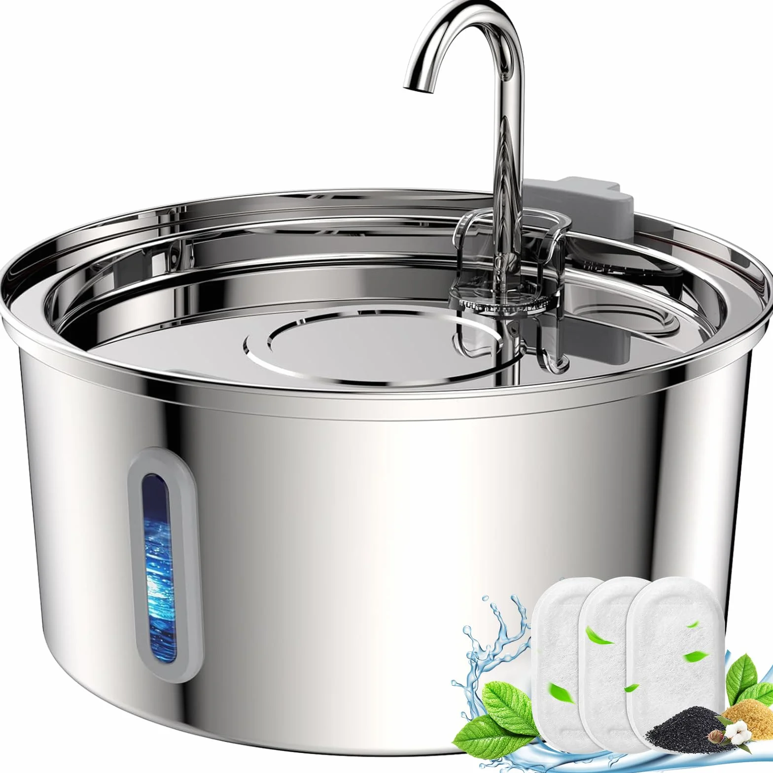 Tomxcute - Fuente de Agua para Gatos, dispensador automático de Agua de Acero Inoxidable de 3.2 l/12 onzas, Bomba Ultra silenciosa y 3 filtros de Repuesto y para Gatos, Perros, múltiples Mascotas