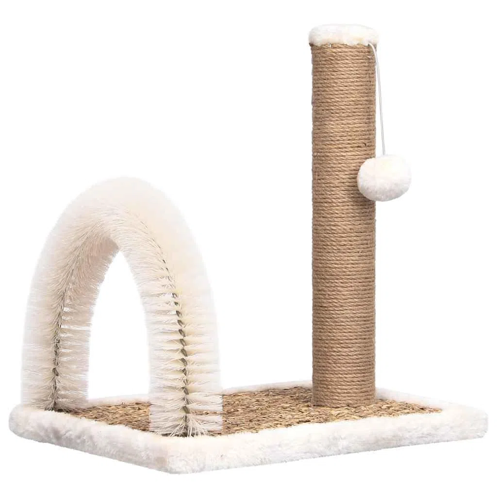 Árbol para gatos con arco para el cuidado del pelo, columna rascadora pequeña, color marrón | Accesorio compacto para gatos para el salón con cepillo de masaje y tronco rascador de algas marinas.