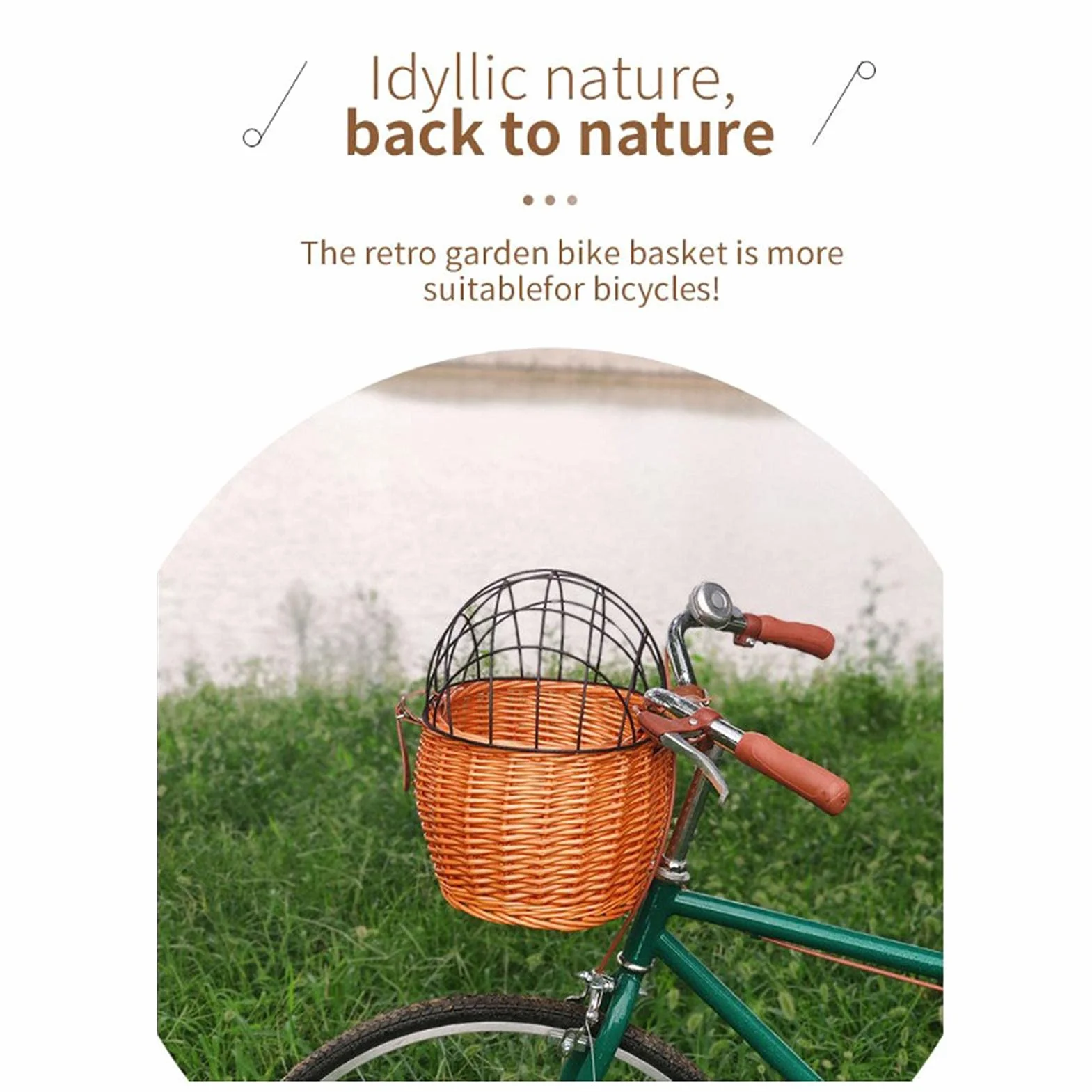 Cesta de Bicicleta para Mascotas, Cesta de Mimbre para Bicicletas para Perros Pequeños, Gatos, Cesta Delantera con Cubierta de Malla de Alambre