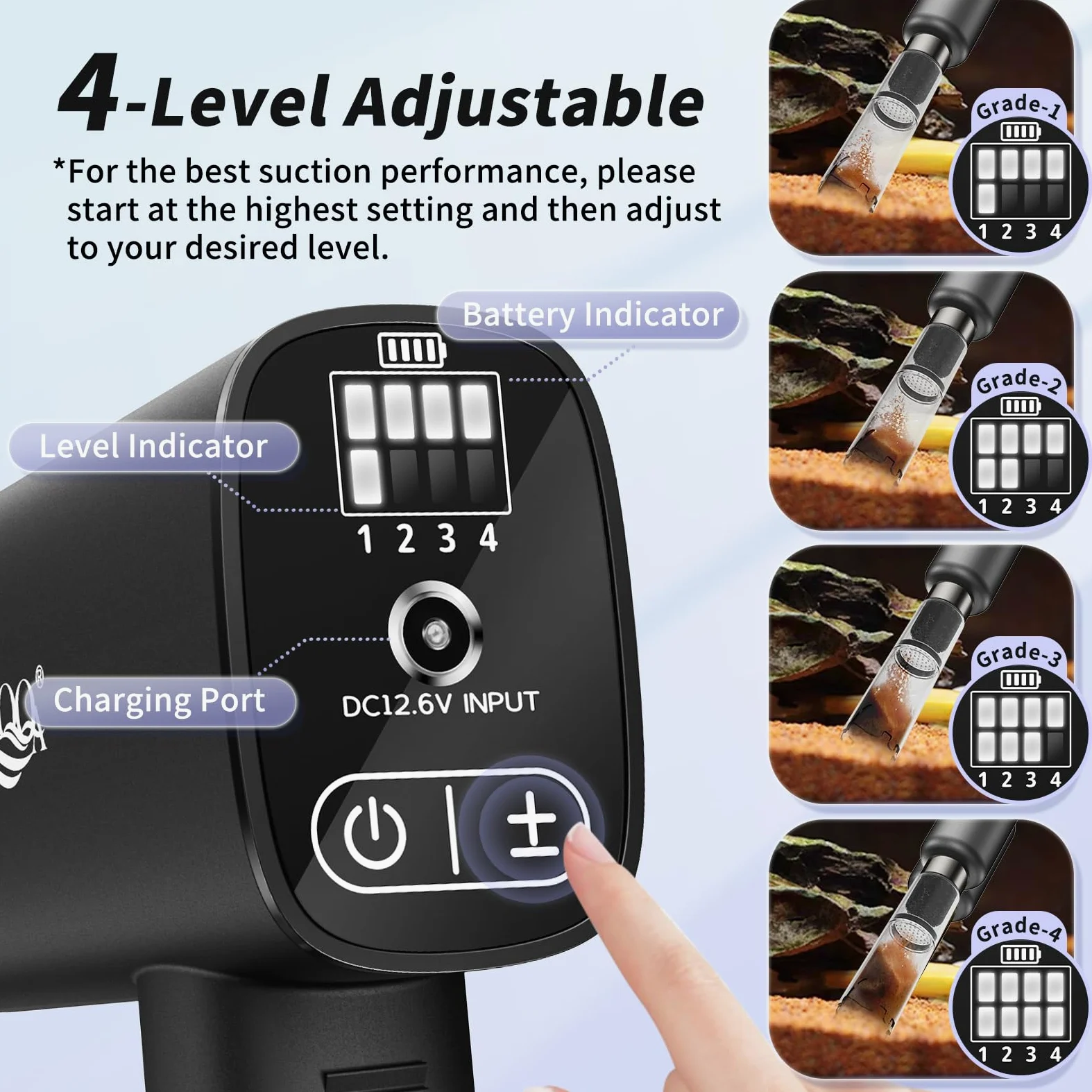 AQQA Limpiador de grava al vacío para acuario, 20 W, eléctrico, recargable, herramientas para cambio automático de agua, limpieza de desechos y lavado de arena, fuerte succión con 4 velocidades