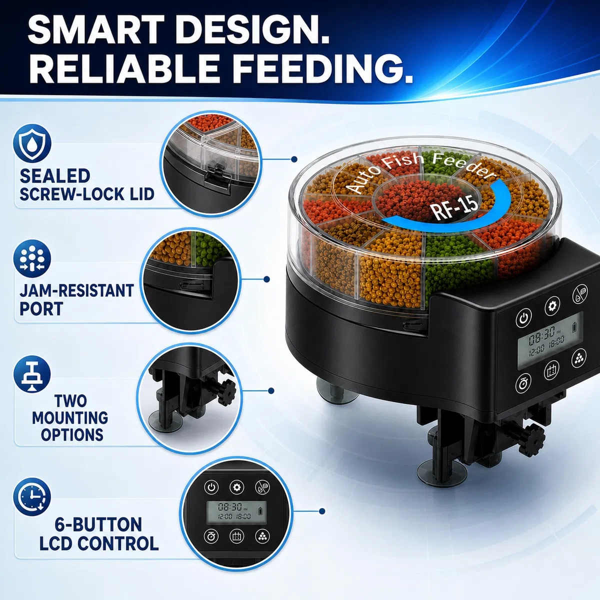 Alimentador Automático Acuarios con Temporizador Recargable, 105ML Comedero Automático de Peces, Dispensador de Comida para Acuarios para Acuario o Peceras