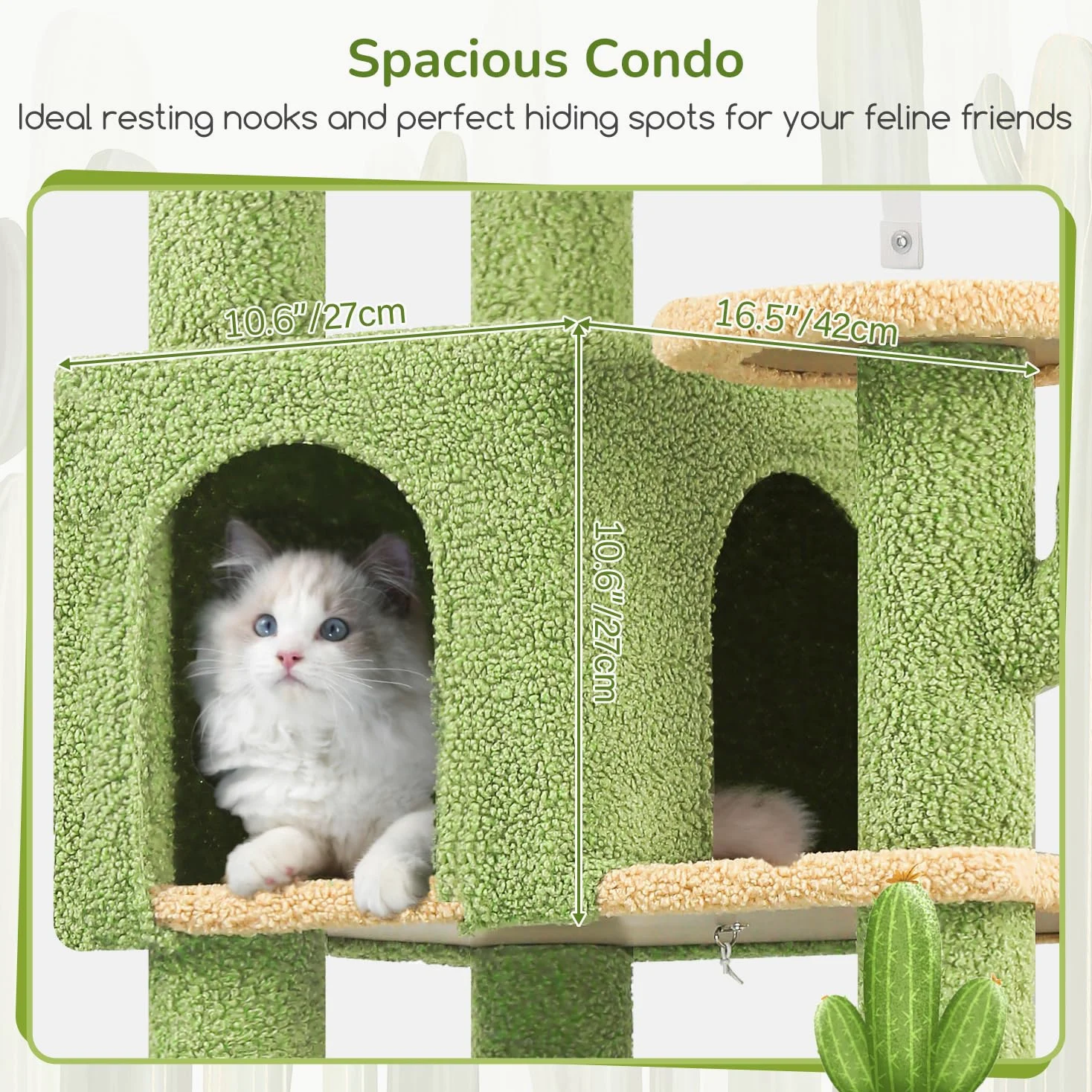 Globlazer Árbol Rascador Cactus Verde para Grande Gatos Alto 165cm con 2 Grande Plataforma 48 * 42CM, Extragrande Hamaca, Nido, Percha, Árbol Rascador con Apoyo Estable para Gatos Adulto (S65, Verde)