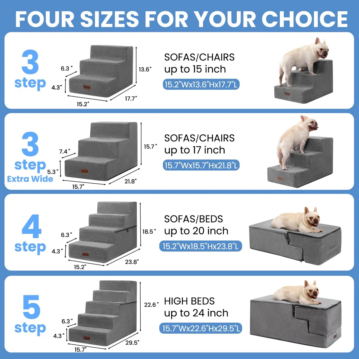 Escalones para Perros pequeños, escaleras de Perro de 3 escalones para Camas Altas y sofá, escaleras Antideslizantes para Perros y Gatos pequeños, escaleras de Cama para Perros, Gris, 3/4/5 escalones