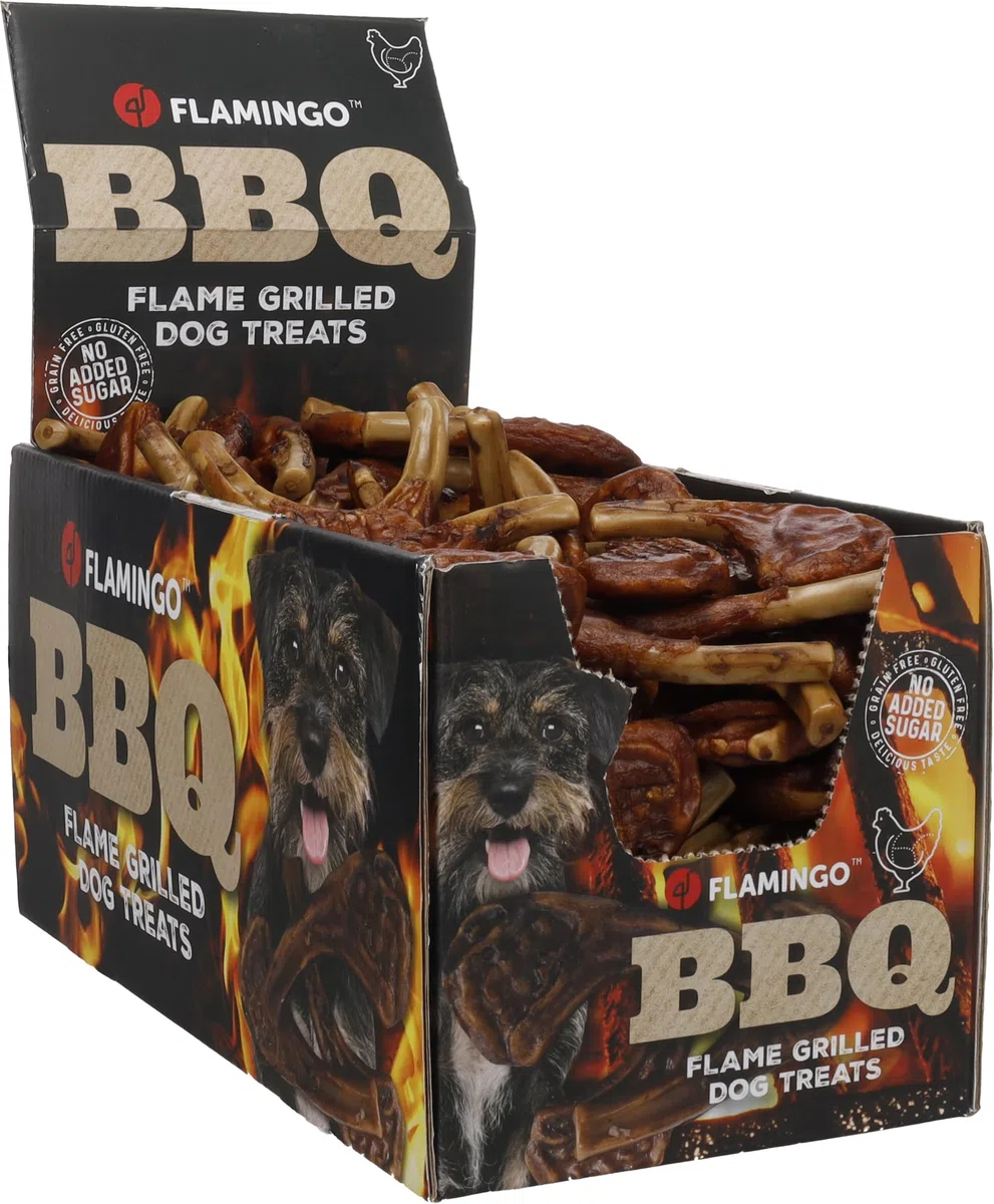 Snacks para Perros - Flamingo BBQ Costilla con Pollo XS - 8 x 3 x 1 cm - 2 kg Display - Rica en proteínas - sin Gluten - sin Cereales - sin azúcares añadidos