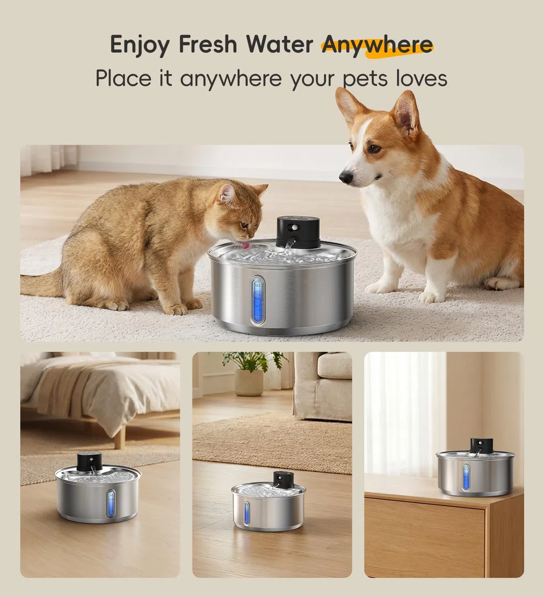 Fuente de agua de acero inoxidable para gatos, fuente inalámbrica para perros de 186 fl.oz/1.45 galones | Fuente inalámbrica para mascotas; batería de 5000 mAh; interior; modos de agua triples; 25 dB ultra silenciosa