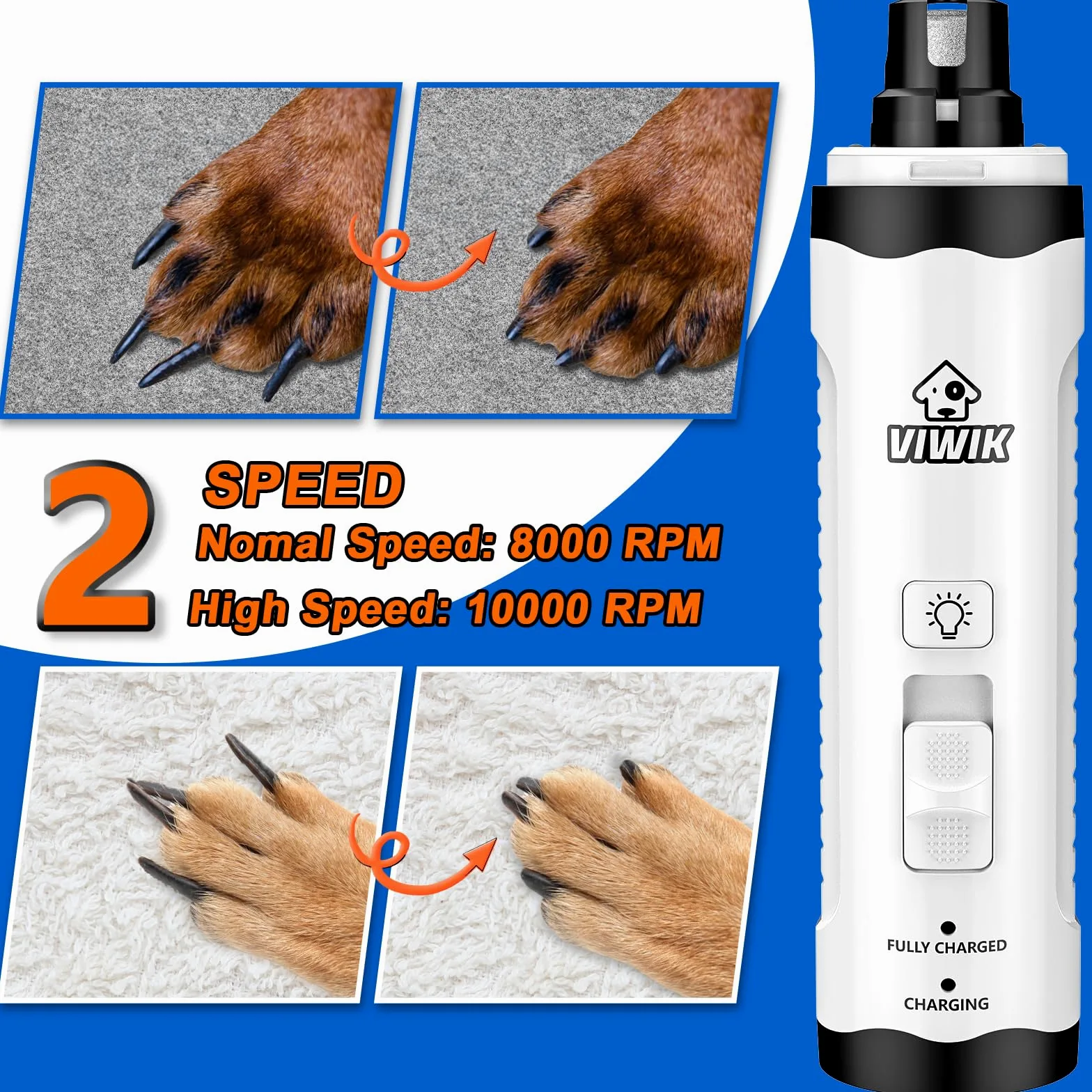 VIWIK Molinillo de uñas para Perros con cortaúñas para Perros, Kit de cortaúñas para Perros y Gatos Grandes, medianos y pequeños, silencioso, eléctrico, de 2 velocidades, Recargable por USB, con luz