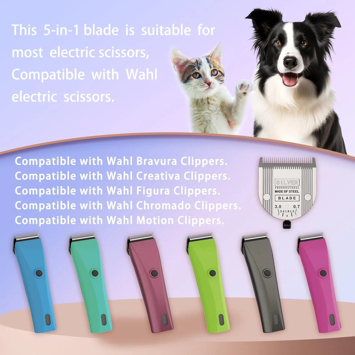 3 cuchillas de repuesto 5 en 1 compatibles con Wahl Bravura Clipper. Chromado, Creativa, Figura. Cortaperros para perros Grooming