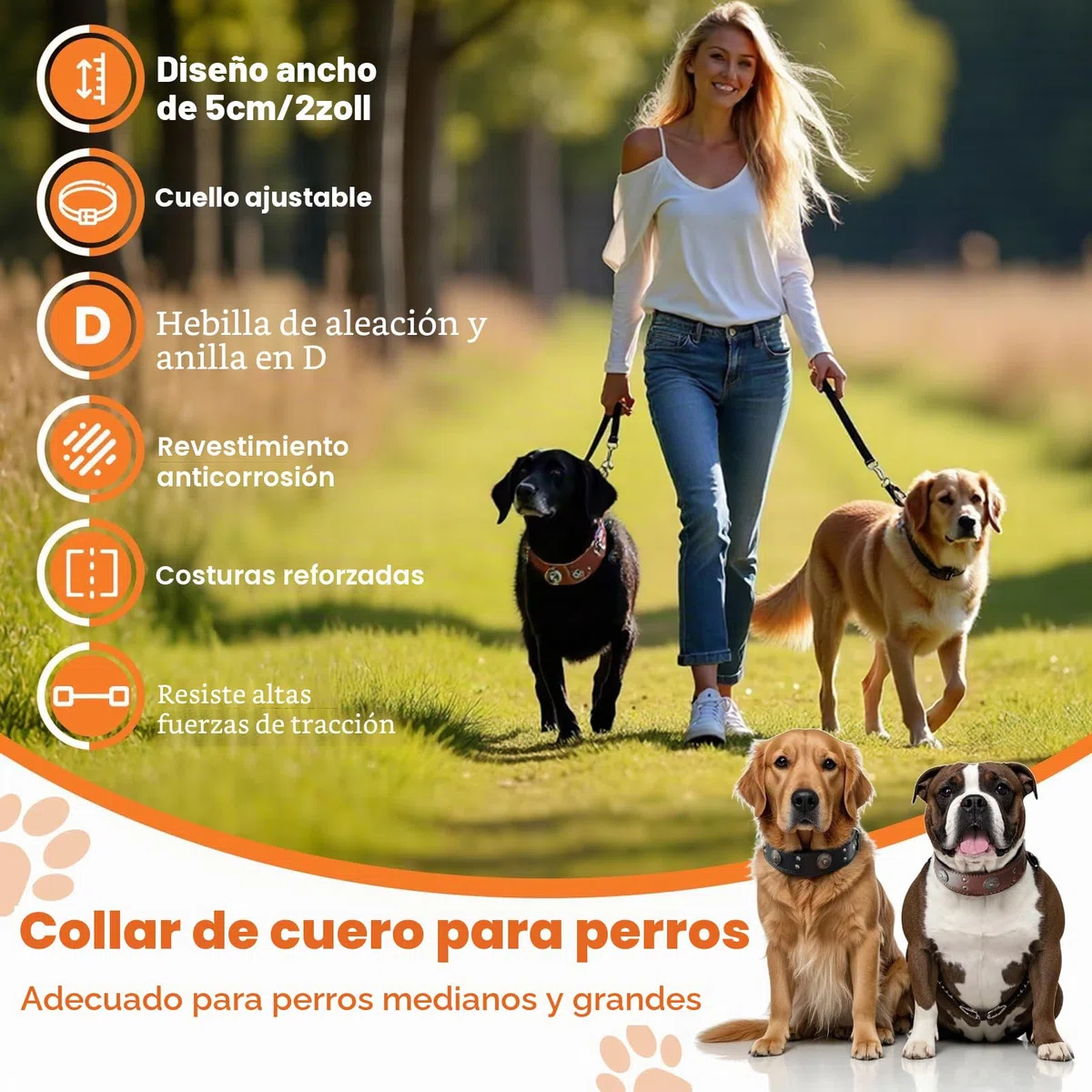 Collar de Cuero para Perros, Collar de Cuero Ancho para Perros de 5cm, Collares de Ajustables con Hebilla metálica, Collar Ancho para Perros de Razas Grandes y Medianas (Talla XL)