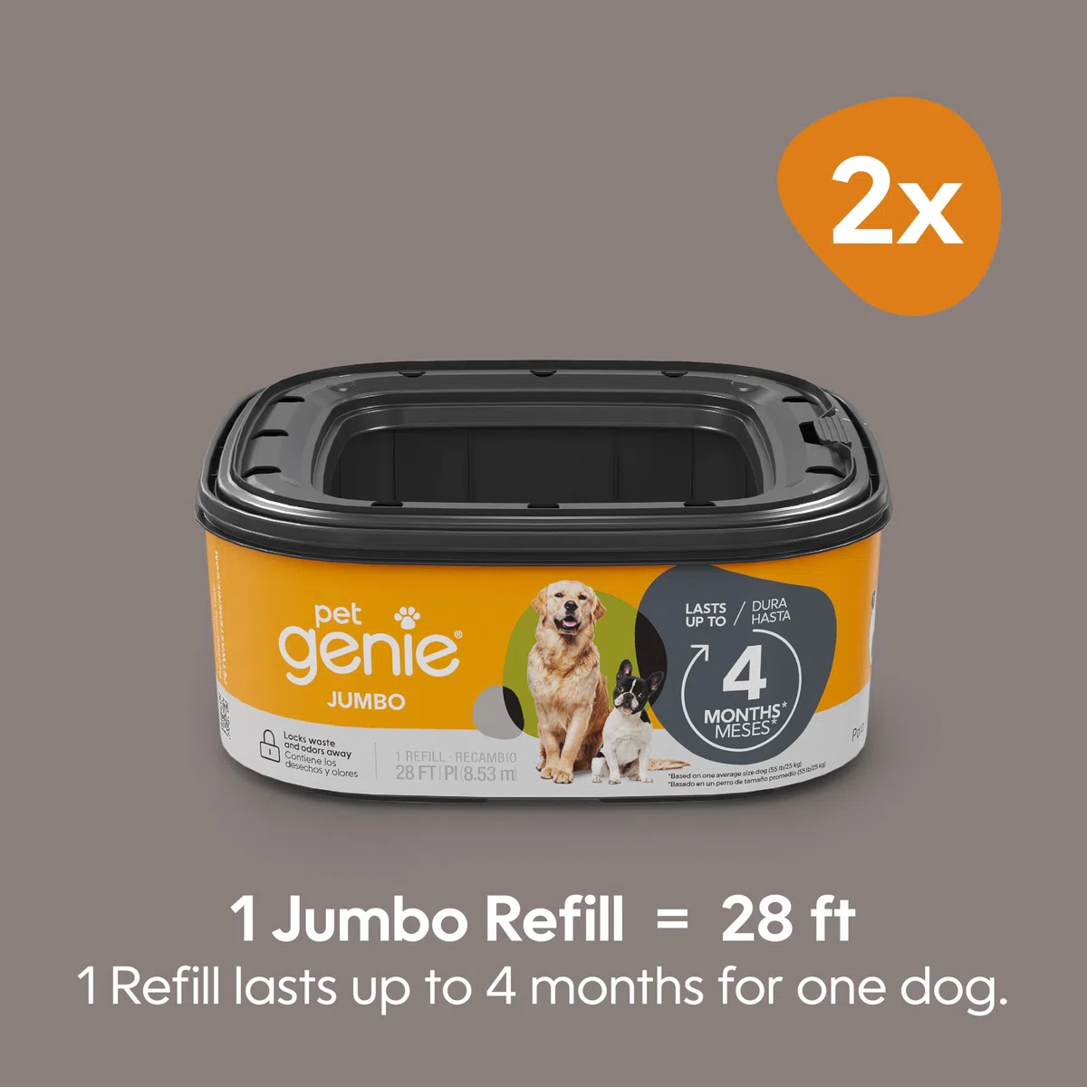Pet Genie Paquete de 2 recambios jumbo, hasta 8 meses de suministro, bolsas para excrementos de perro con control de olores definitivo