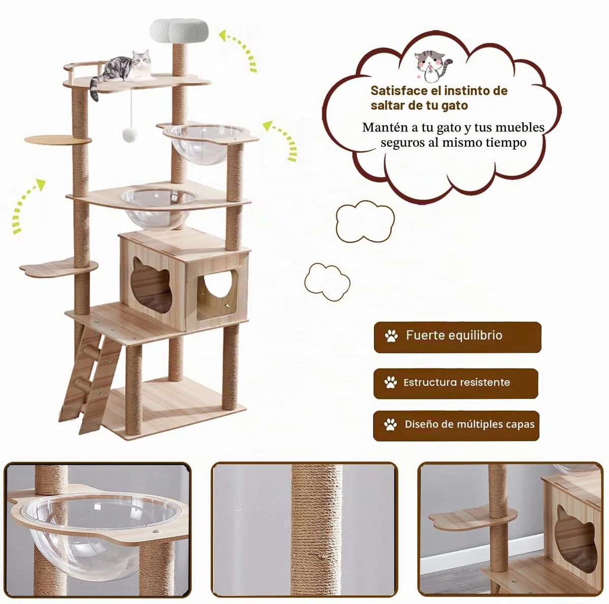 Árbol para Gatos de 170 cm para Adultos Grandes en Interiores, Torre de árbol para Gatos con condominio, escaleras, 2 Cuencos, 14 Postes rascadores de sisal, Percha Superior, con Cama de