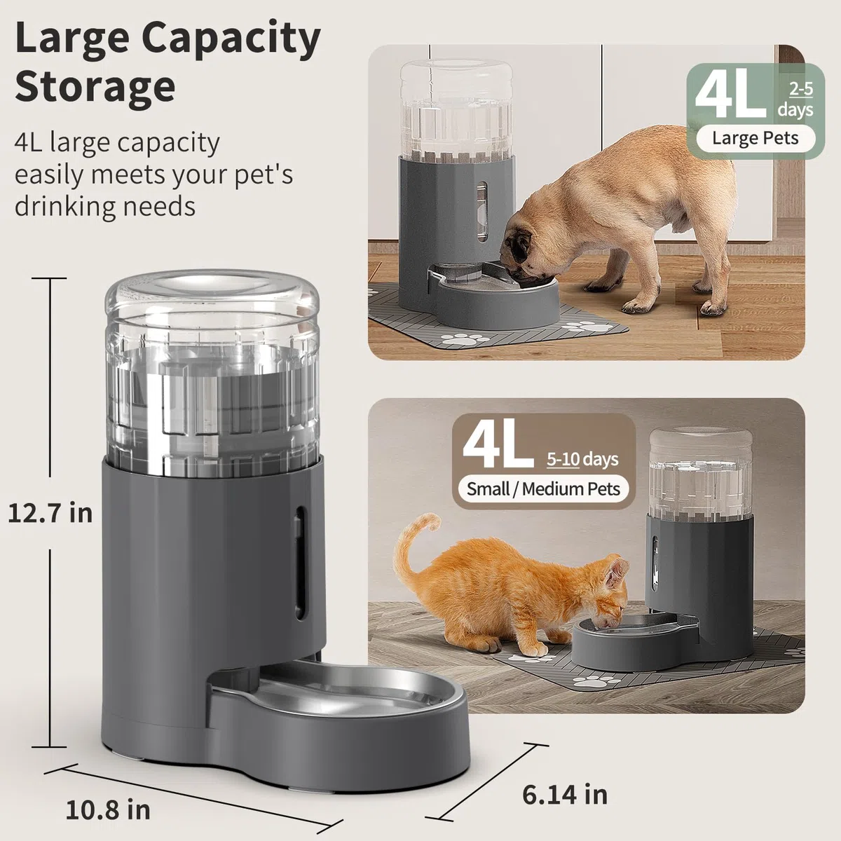 JUNSPOW Dispensador de agua para gatos con mantel individual y cuenco de acero inoxidable (4 L)