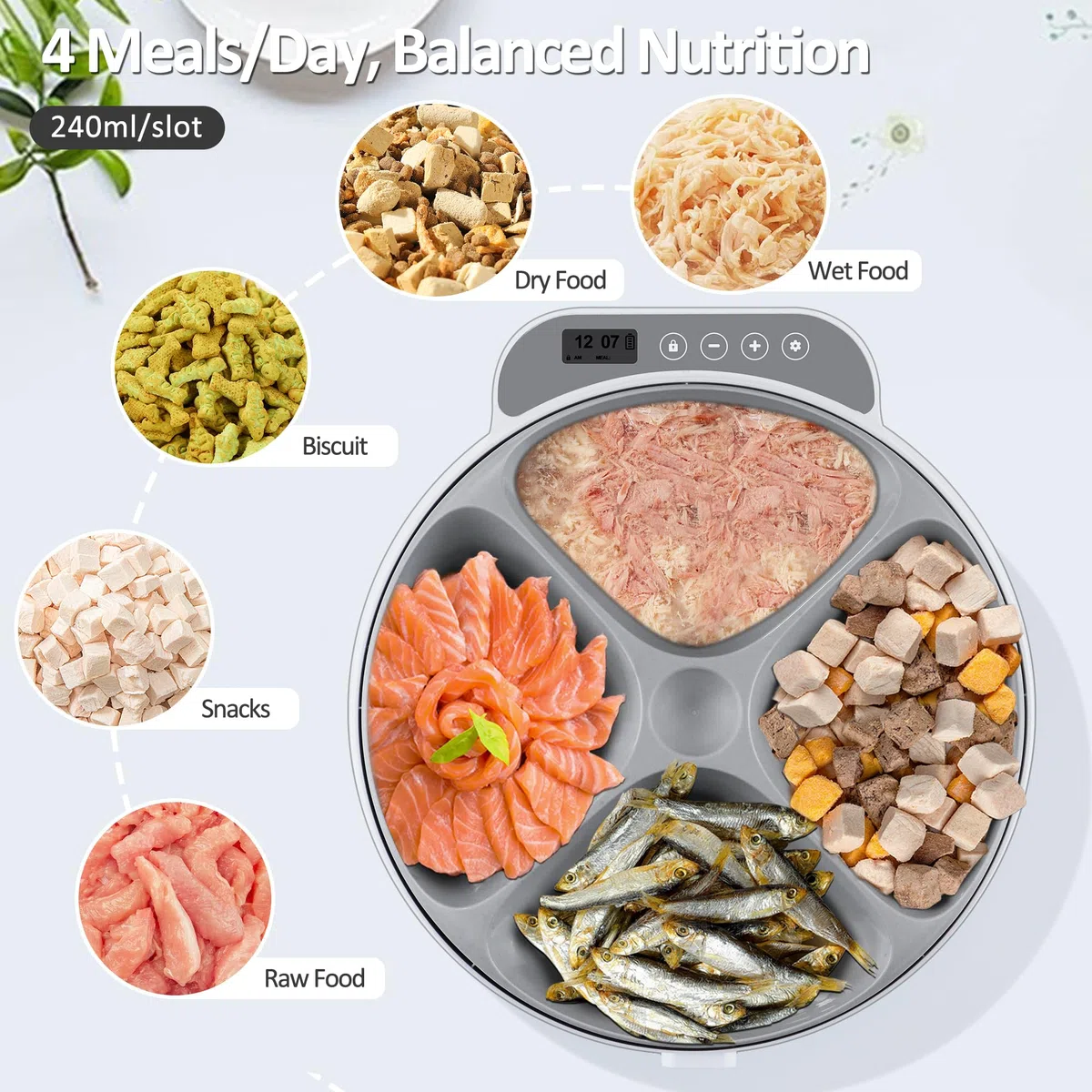 Alimentador automático para gatos, alimentador automático de alimentos húmedos/secos con 2 paquetes de hielo, temporizador programable inalámbrico de 4 comidas, dispensador automático para mascotas