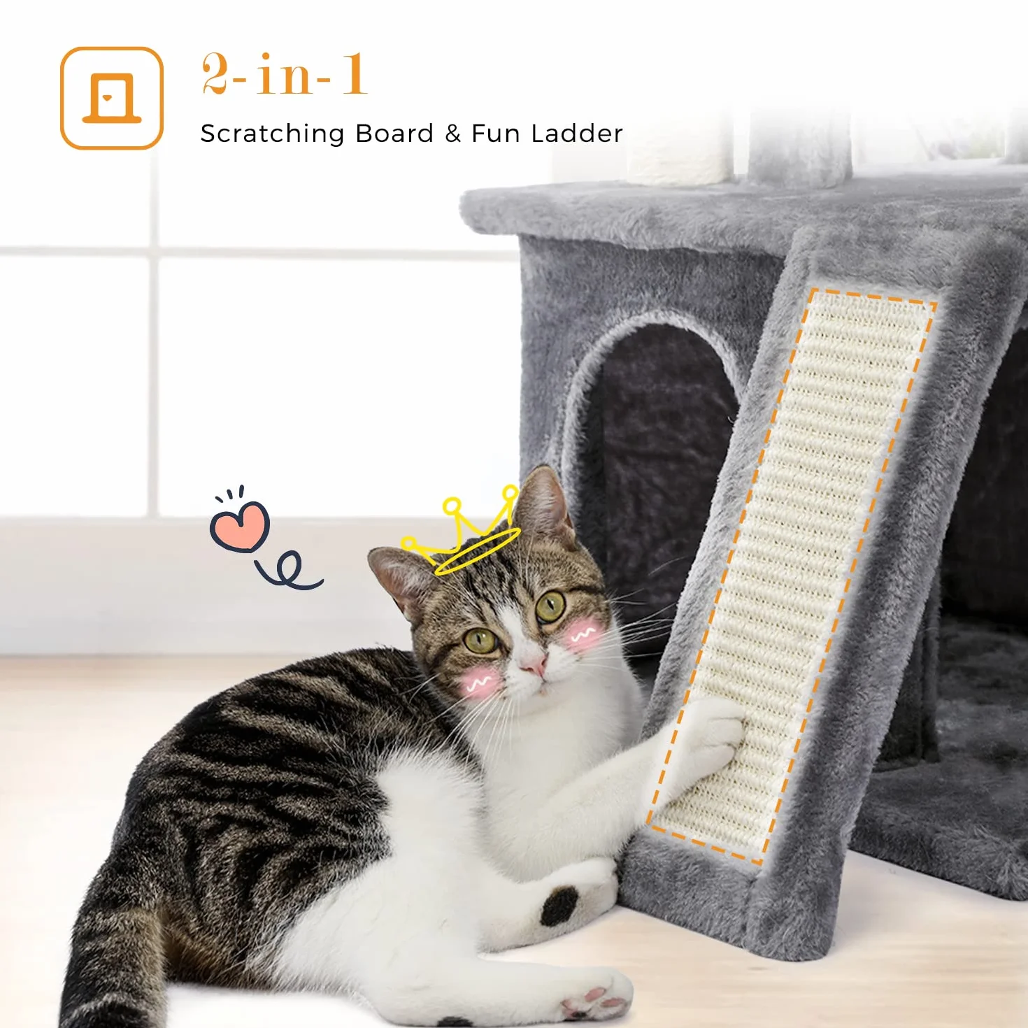 PETEPELA Rascador para gatos, 86 cm | Con cuerda de sisal, tumbona de peluche, 2 cuevas, juguete para gatos, gris