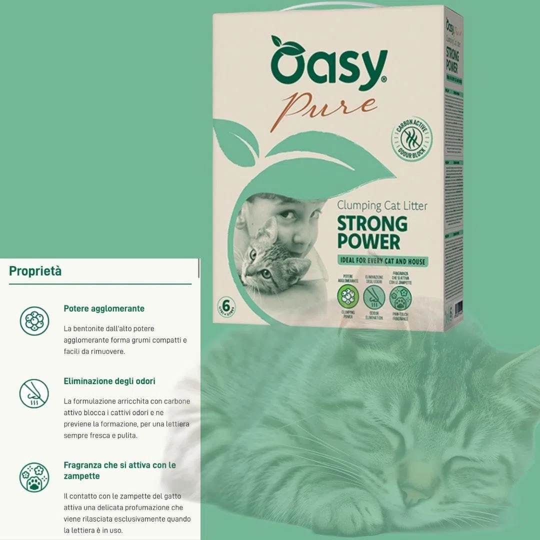 Arena para gatos Oasy Strong Power con carbón activo para gatos de todas las edades y tamaños, perfumada, 1 paquete de 10 litros.