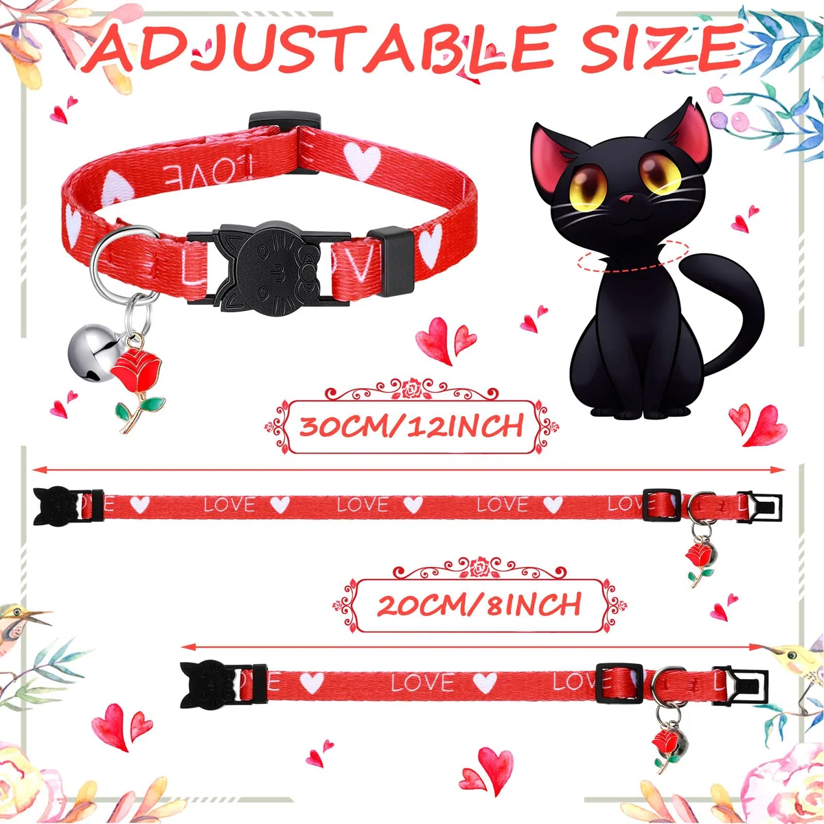 Huhumy 8 collares de gato de San Valentín ajustables con campana collares de gato con hebilla de plástico regalo para gatitos, mascotas, cachorros y perros
