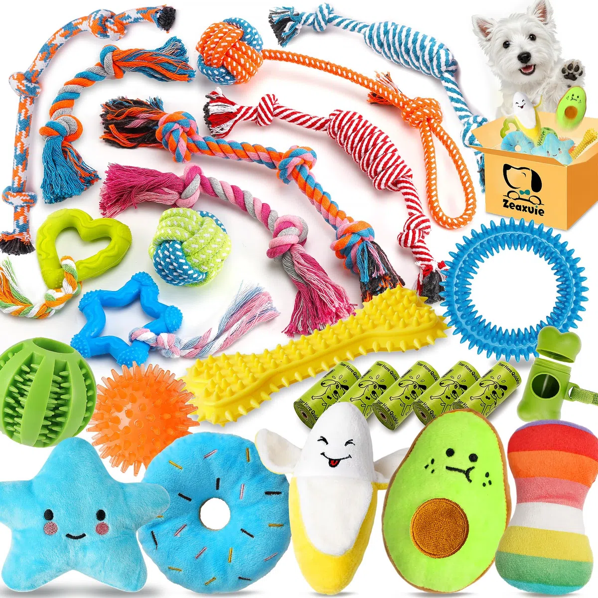 Zeaxuie Paquete de 20 Juguetes masticables de Lujo para Cachorros, Lindos Juguetes para Perros pequeños con Cuerdas, Juguetes masticables para Cachorros, Pelota de golosinas y Juguetes chirriantes
