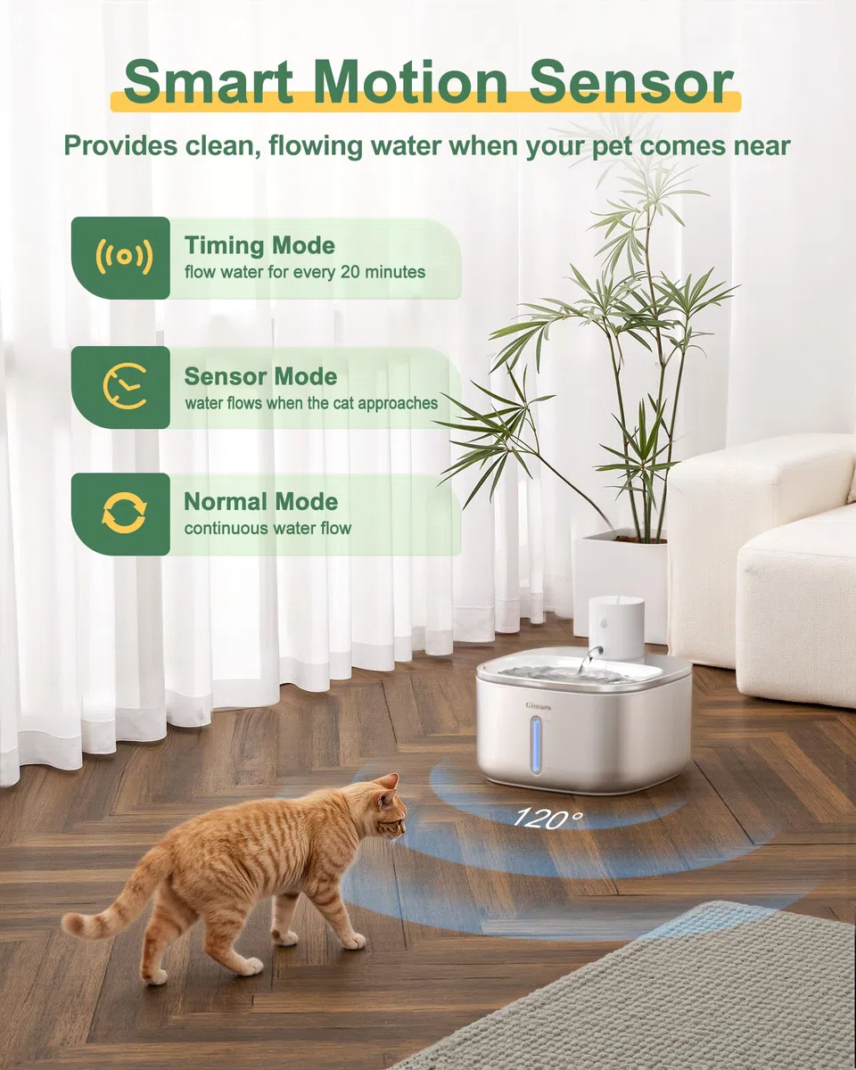 Gimars Fuente para Gatos sin Cable Inoxidable: 3.2L/5000 mAh, Bebedero Gatos con Sensor de Movimiento, Automático Dispensador de Agua Inalámbrico con Batería Recargable, Bomba Ultra Silenciosa