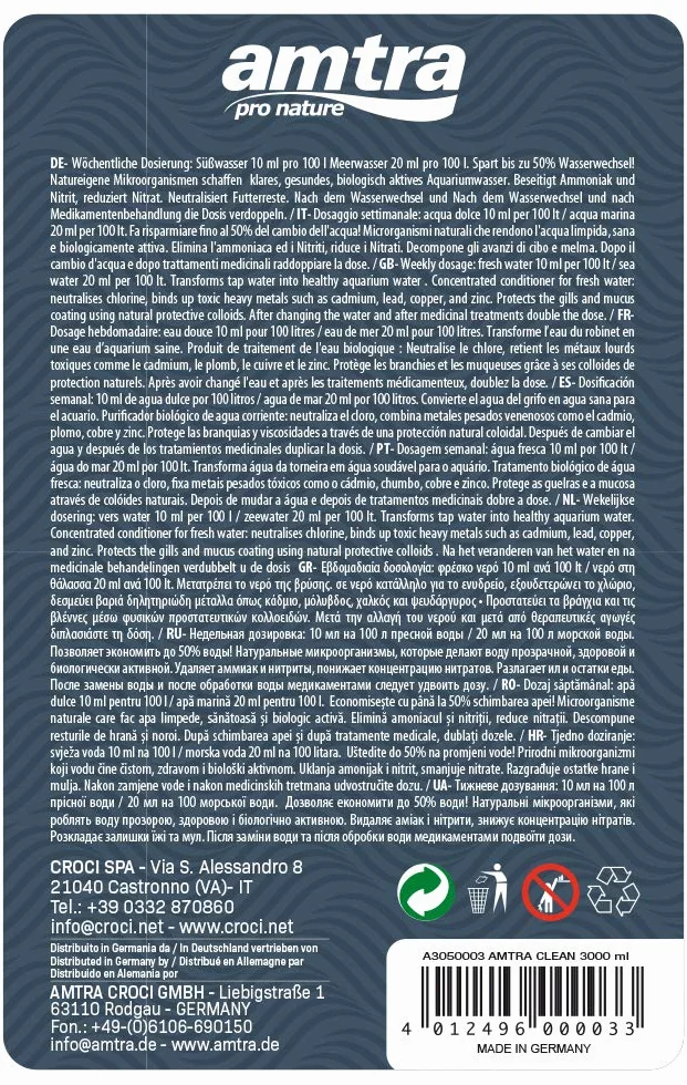 Amtra Clean - Purificador De Agua Natural Para Acuarios, Tratamiento De Agua Natural Para Acuarios, Reduce Los Cambios De Agua, Formato 3000 Ml