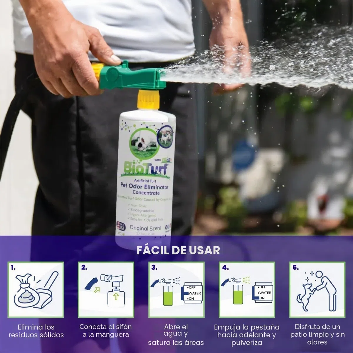 BioTurf BioS+ Kit limpiador de césped para orina de mascotas al aire libre – Limpiador de césped artificial concentrado desodorante para orina de perro y heces – Eliminador de olores enzimáticos de