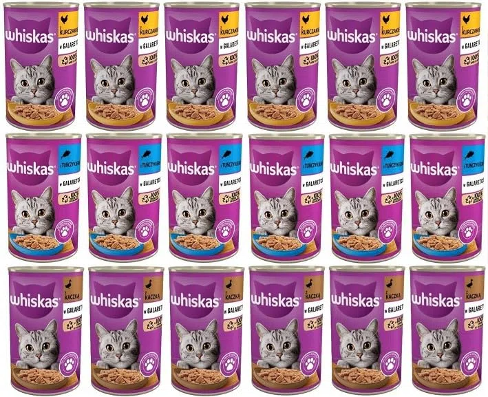 Whiskas Comida Humeda en Lata para Gatos Adult 1+ mezcla de sabor en gelatina con atún, pollo y pato, 18 latas (18 x 400 g)