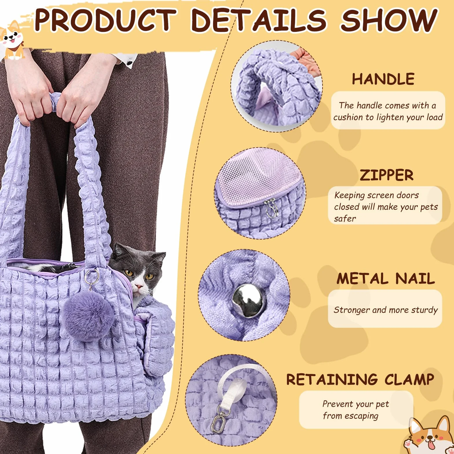 Transportadores de lados suaves para gatos, bolsa de burbujas de moda para mascotas, bolso acolchado con bola esponjosa y cremalleras de malla ventilada para cachorros de 11 libras/gatos de