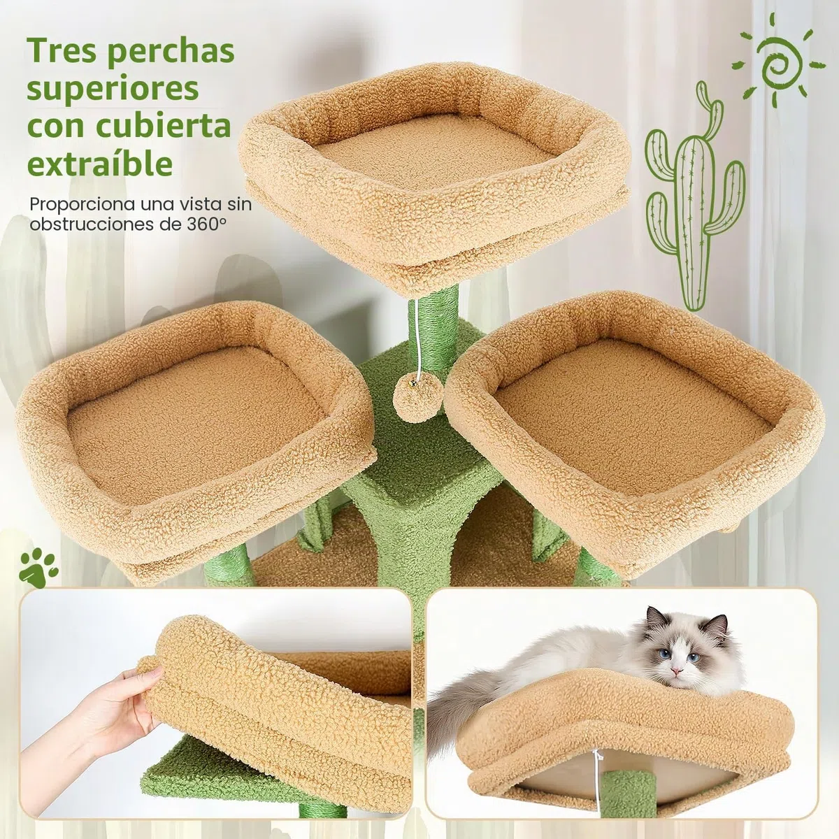 Globlazer Rascador para Gatos Verde Cactus XXL 209 cm con 3 Perchas Acolchadas, 2 Nidos, 2 Cesta, Grande Plataformas, Juguetes de Peluche, Lujo Árbol Rascador para 3-5 Gatos Interior (F82, Verde)