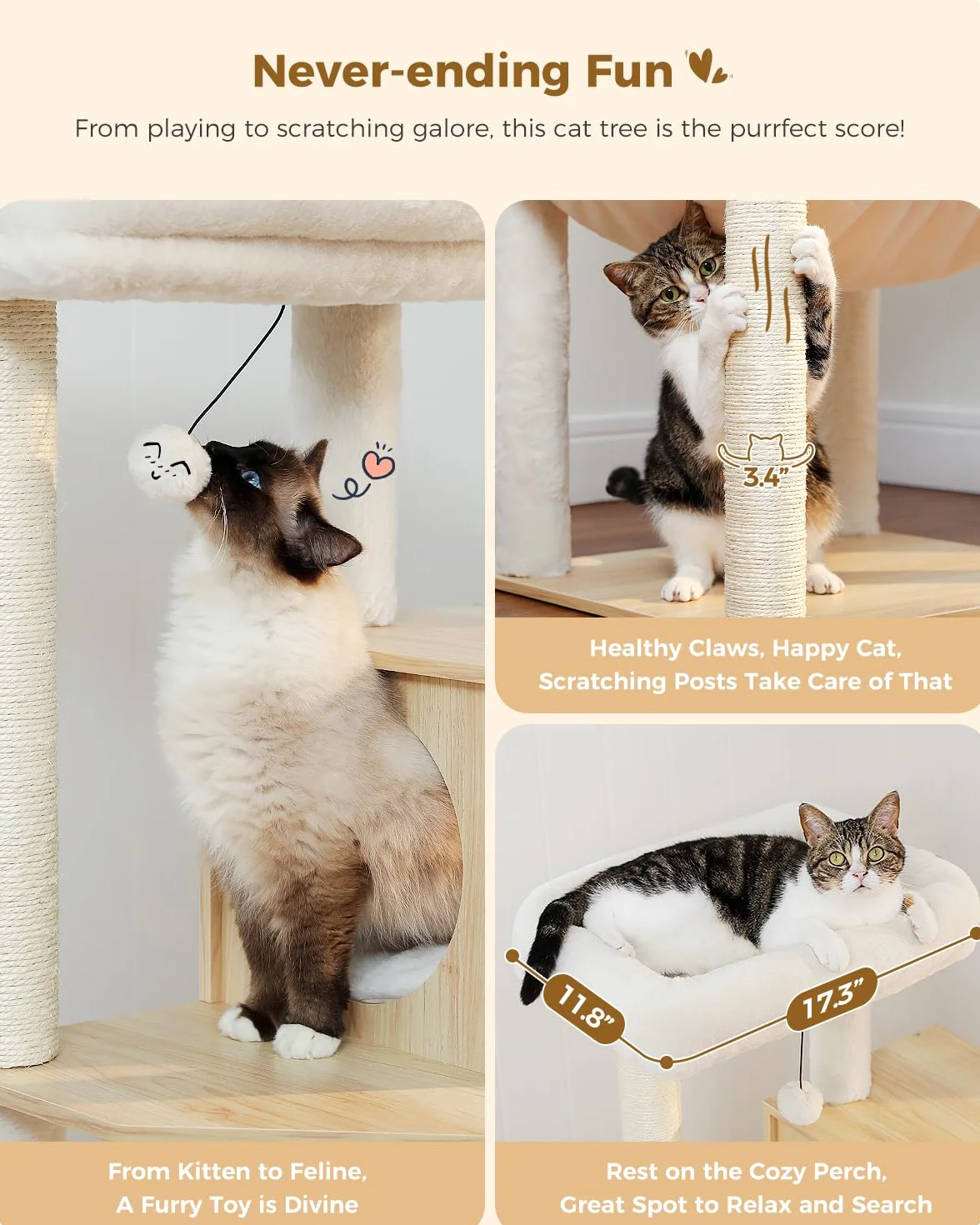 PETEPELA Árbol rascador de madera para gatos, 143 cm, moderno árbol rascador para gatos con hamaca más grande, cama superior con cuerda de sisal, columna beige