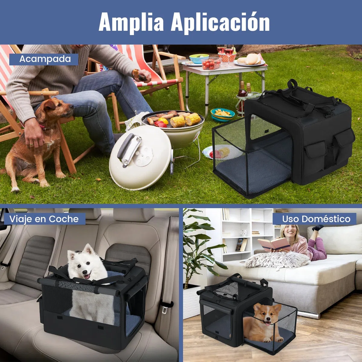 COSTWAY Transportín para Perros, Bolsa Transportin Portátil y Plegable para Mascotas con 2 Aberturas y Ventana, Cesta Interior de Malla, Bolsillos Laterales para Interior Exterior (80 x 65 x 42 cm)